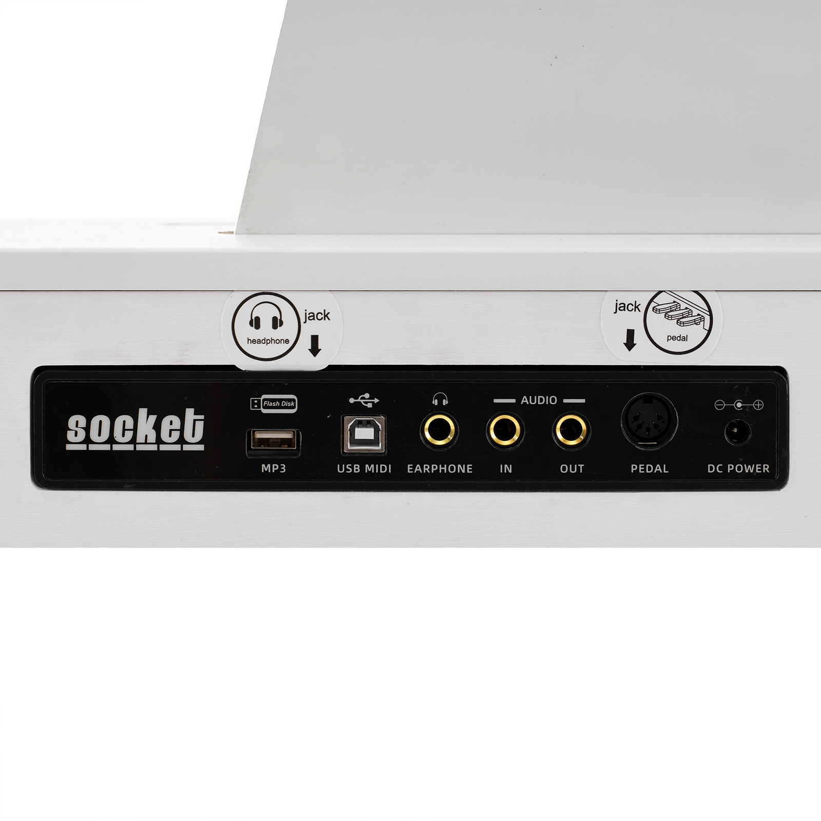 Anschlussfeld mit MP3-, USB-, MIDI-, Kopfhörer-, Audio- und Netzanschlüssen.