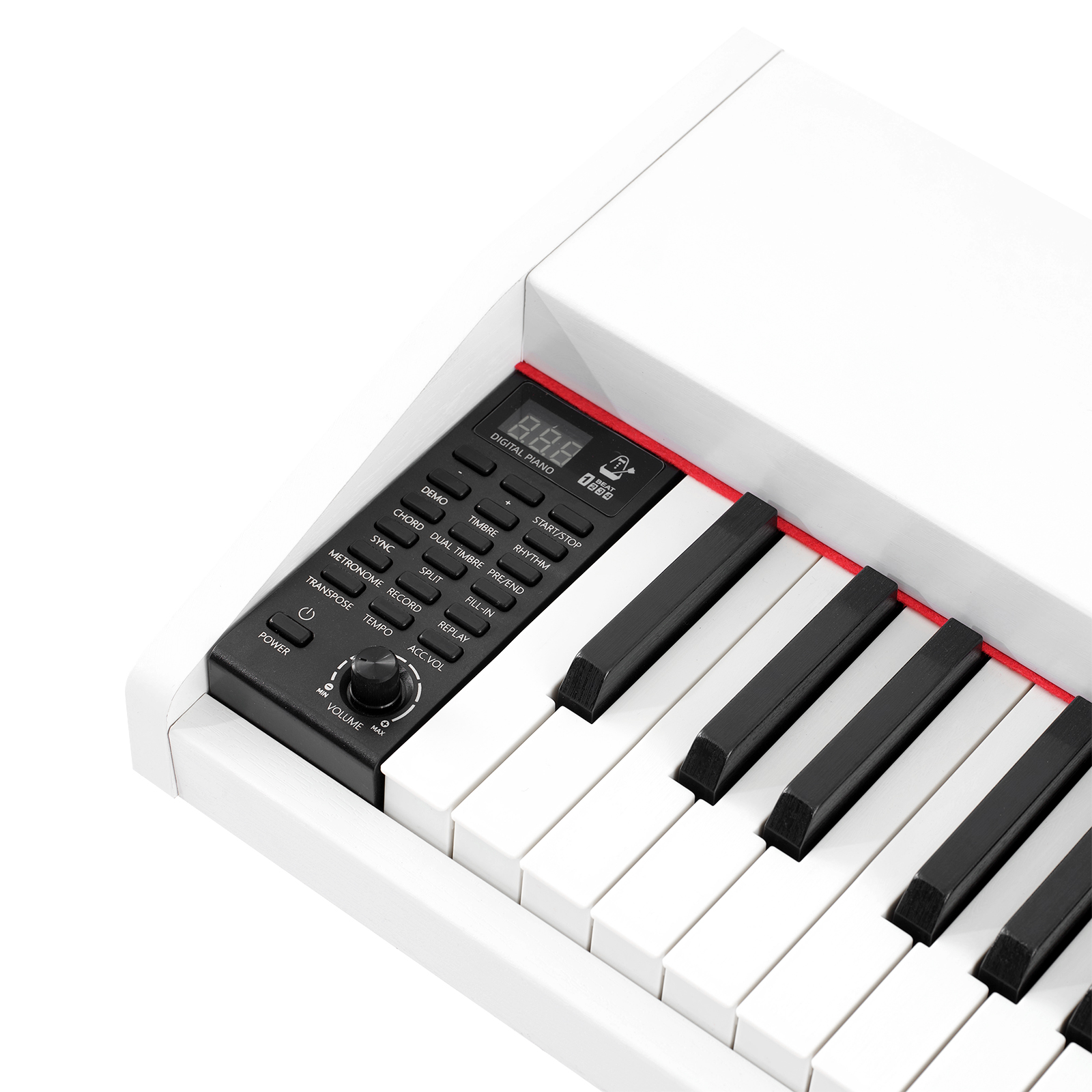 Ein weißes Digitalpiano mit schwarzen und weißen Tasten und Bedienfeld.