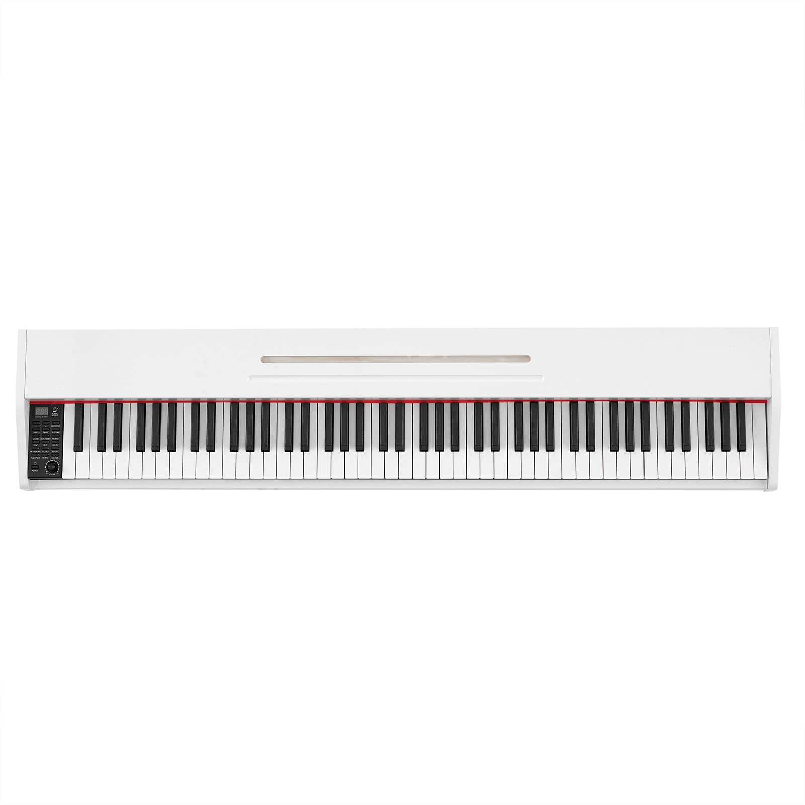Ein weißes Digitalpiano mit schwarzen und weißen Tasten, links mit Bedienelementen.