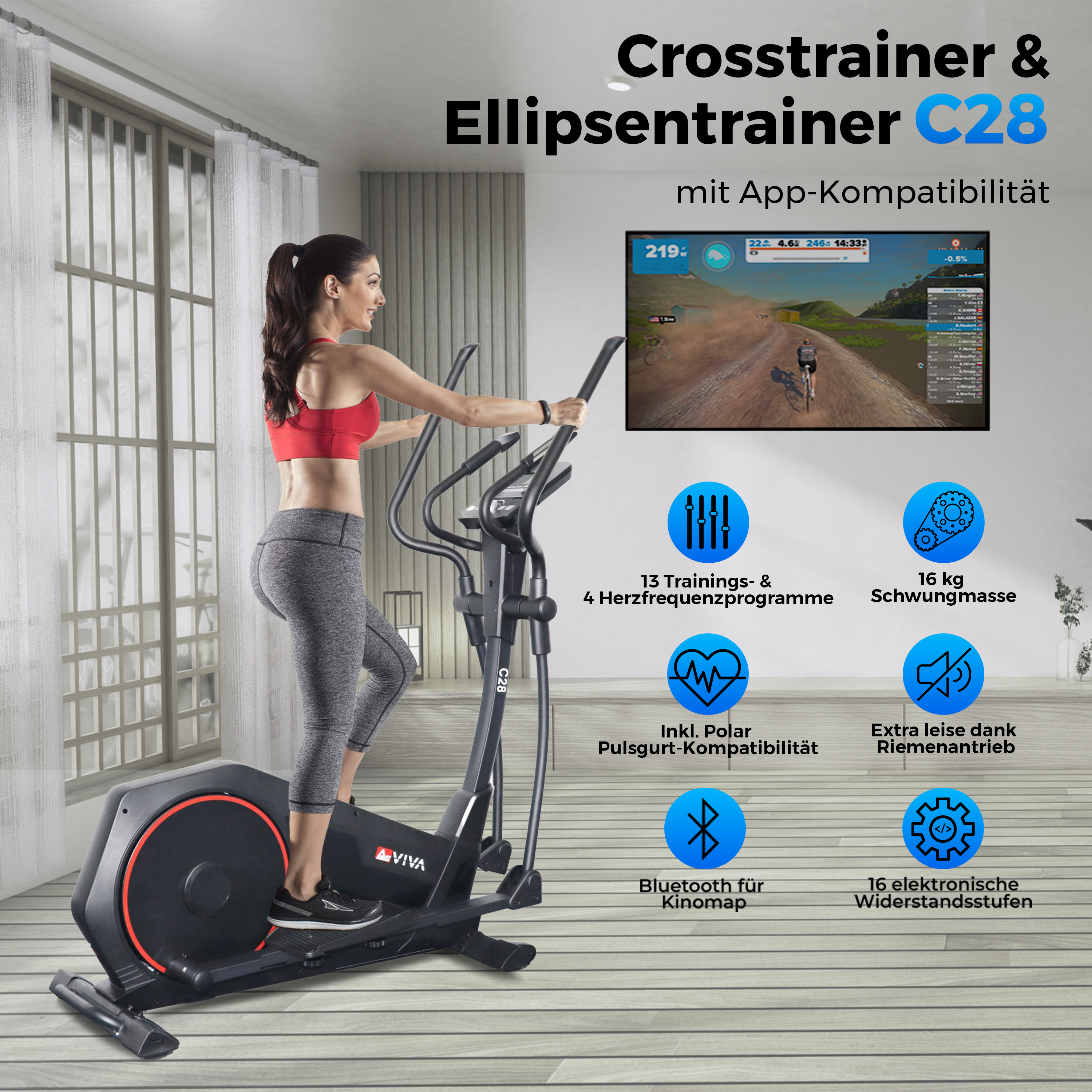 Frau auf einem Crosstrainer mit Bildschirm, der eine Radfahrsimulation zeigt.