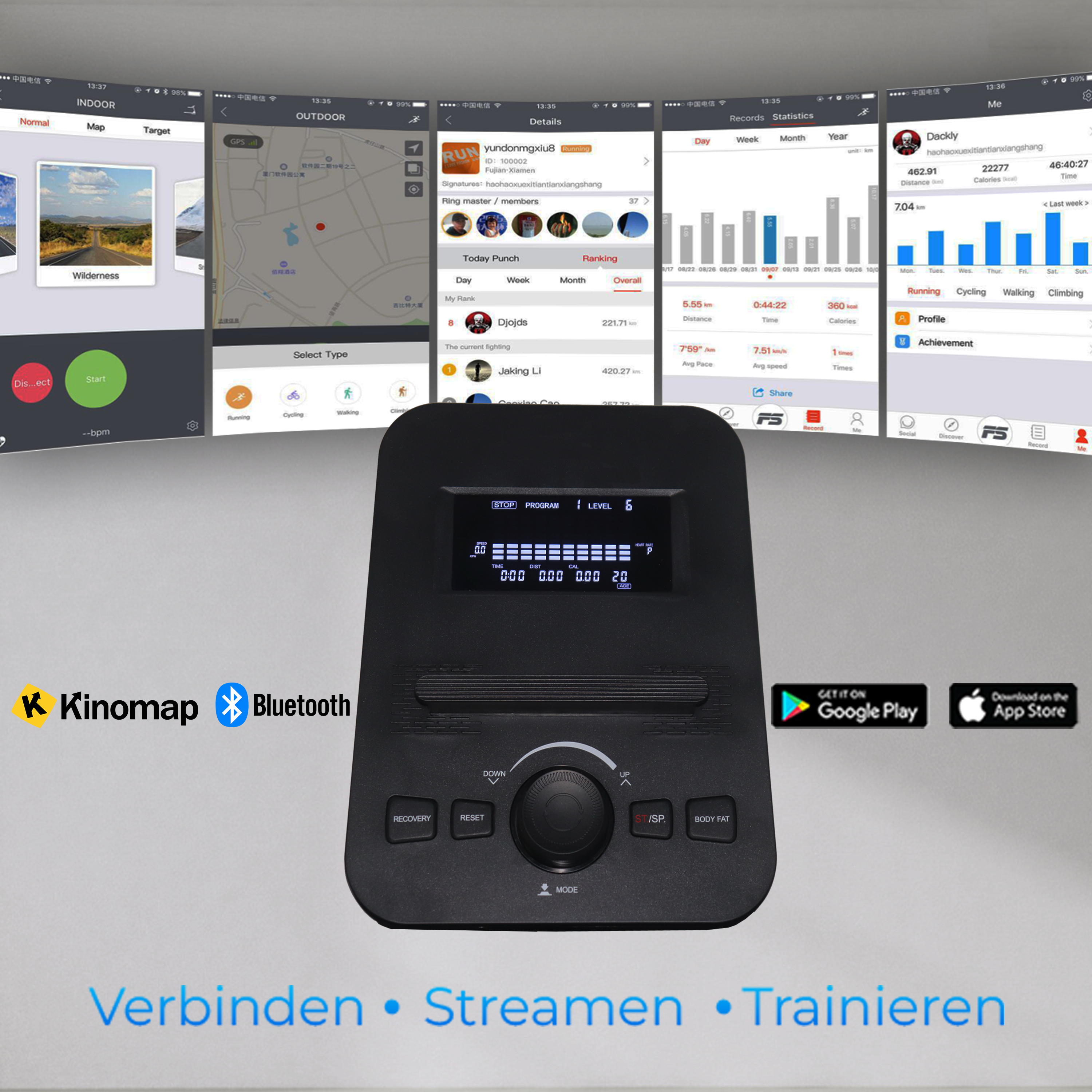 Eine Trainingsmaschine mit mehreren Handy-Screens und Statistik-Grafiken.