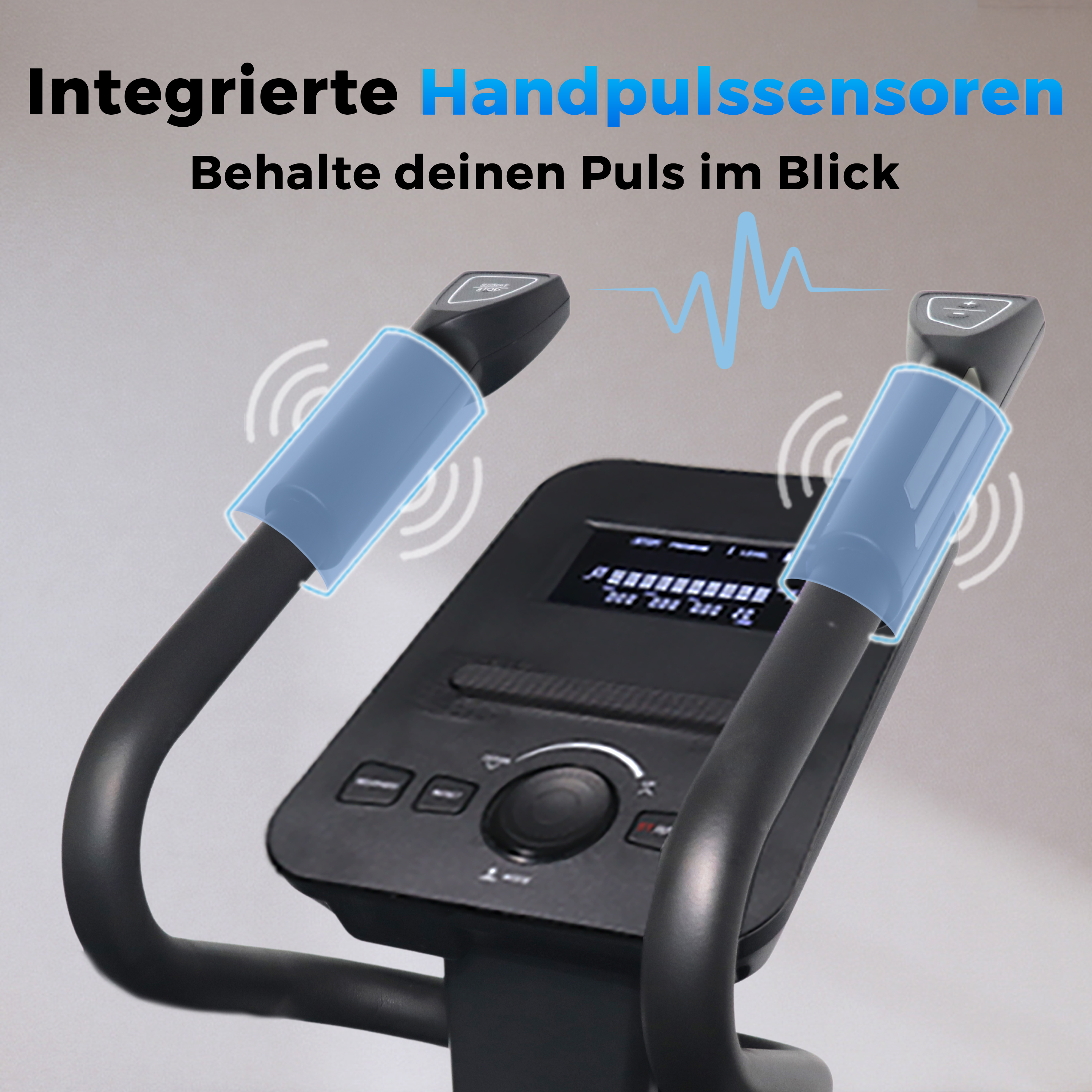 Ergometer mit Handpulssensoren und Herzfrequenzanzeige.