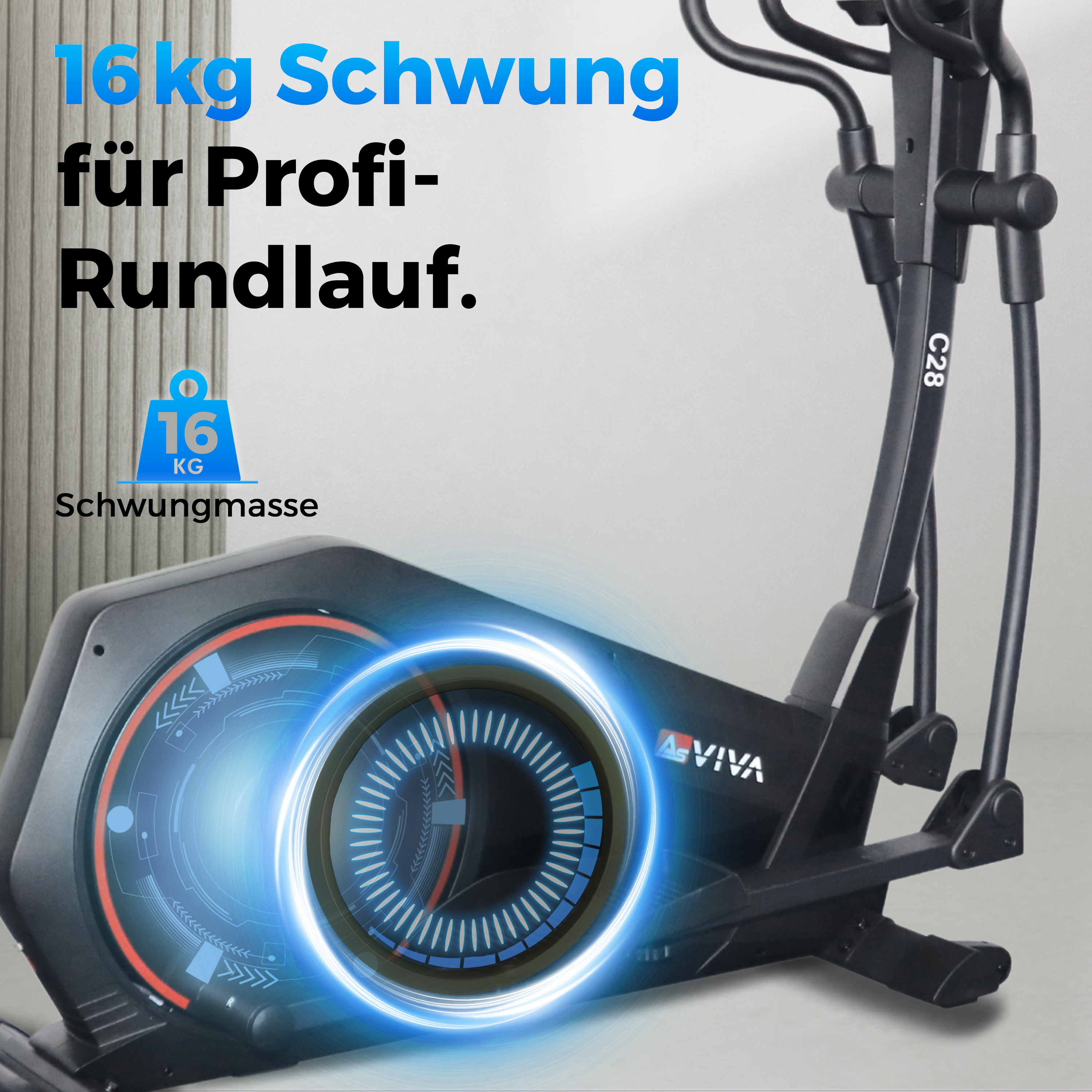Schwarzes Ellipsentrainer mit 16kg Schwungmasse und digitaler Anzeige.