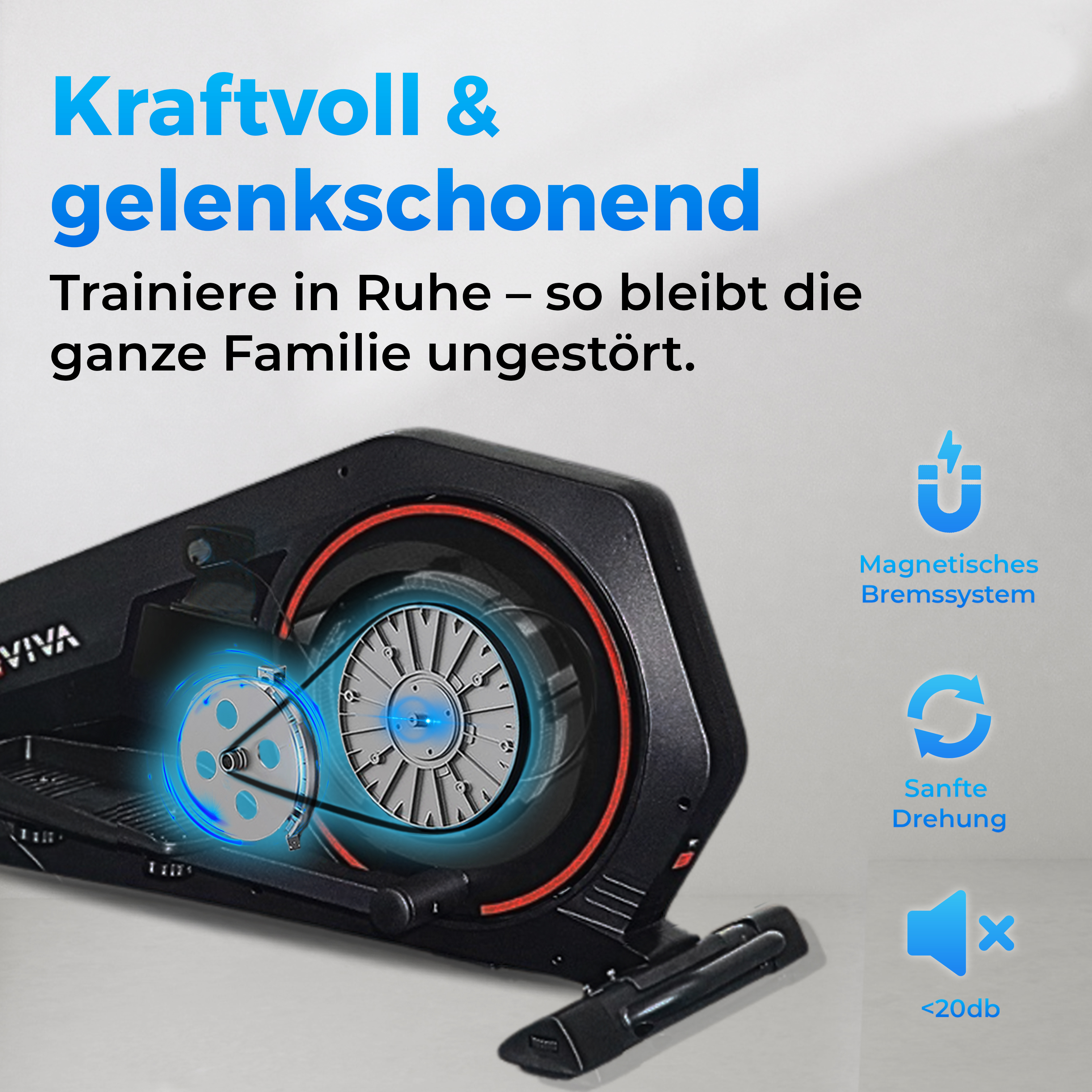Ellipsentrainer mit Fokus auf Kraft und Gelenkschonung, leise (<lt/>20db).
