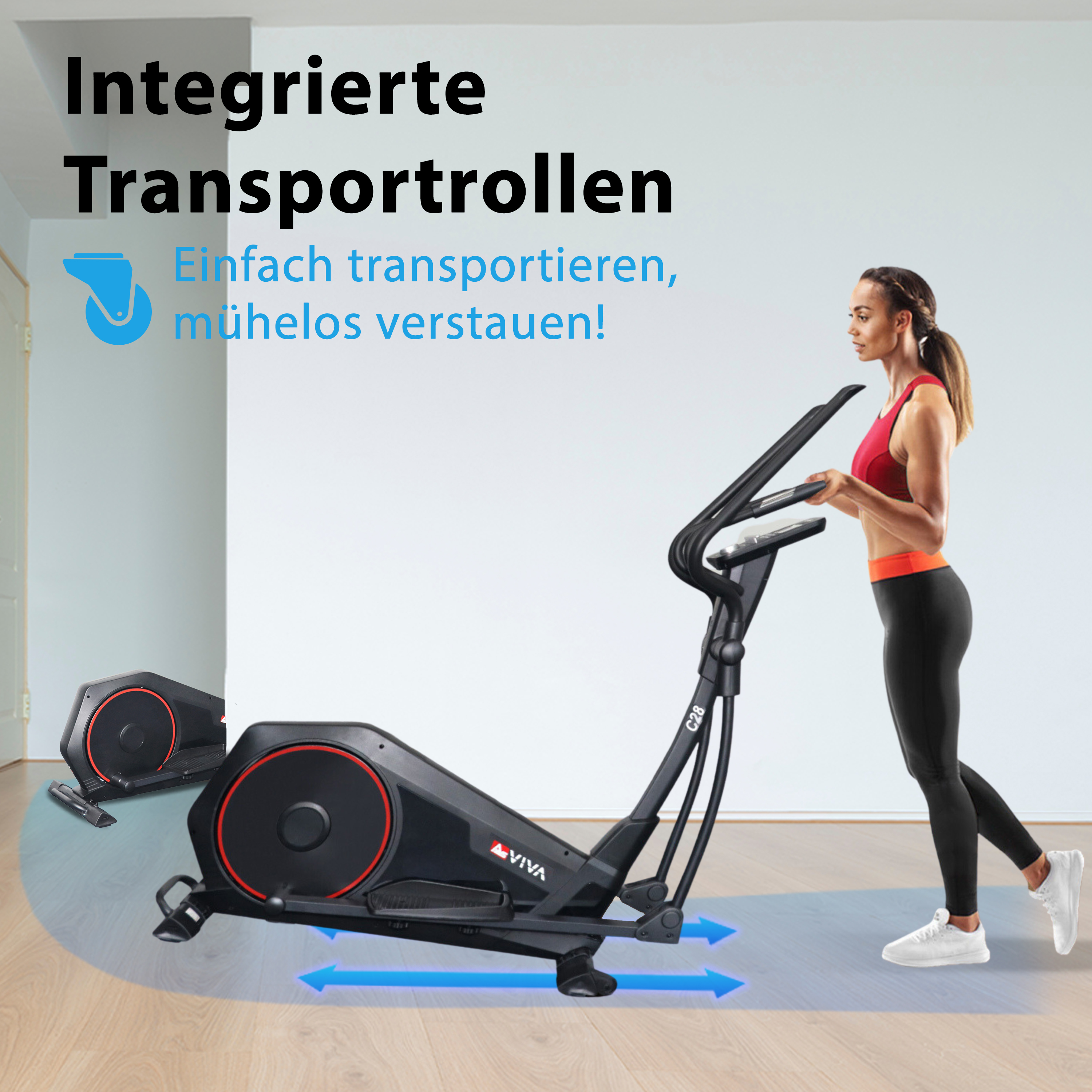 Frau trainiert auf einem schwarzen Ellipsentrainer mit roten Akzenten.