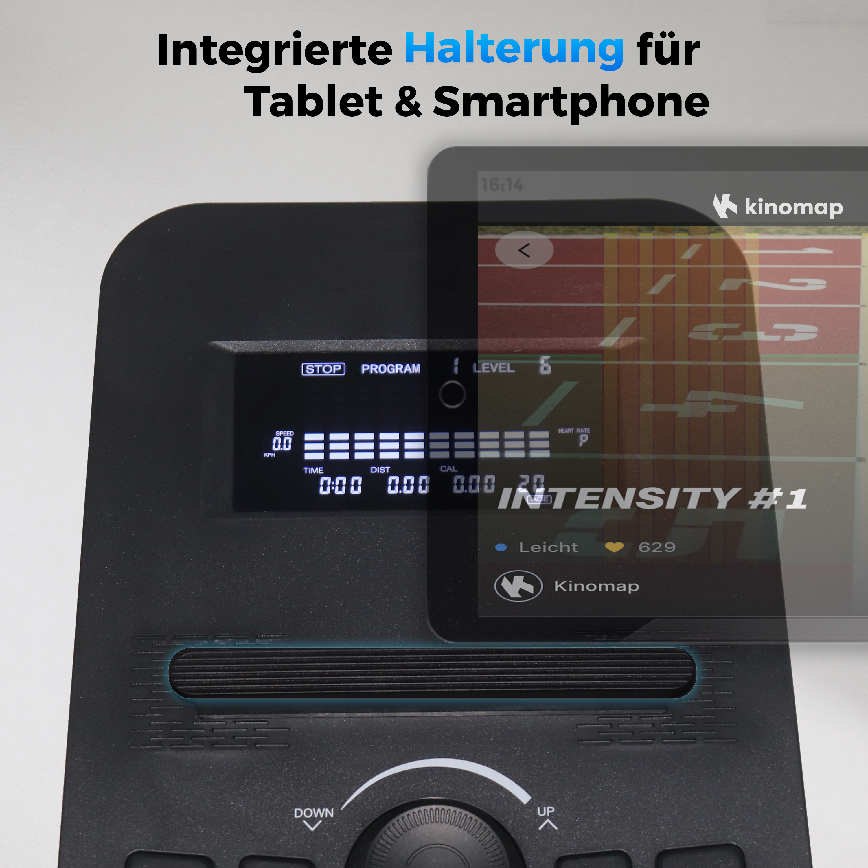 Fahrradcomputer-Display mit Kinomap-App, zeigt Geschwindigkeit, Zeit und Intensität.
