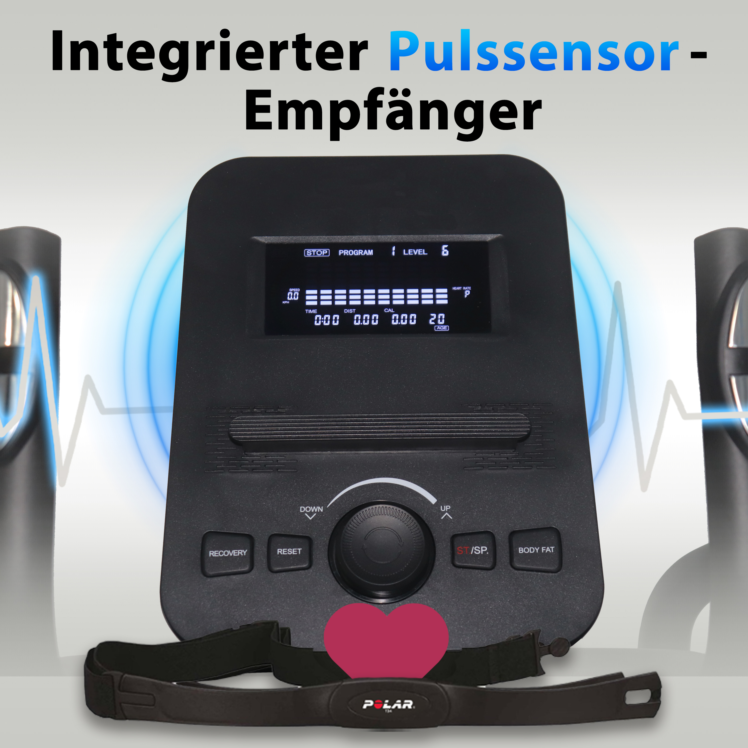 Ein Fitnessgerät-Display mit Pulssensor und Herzfrequenzgurt.