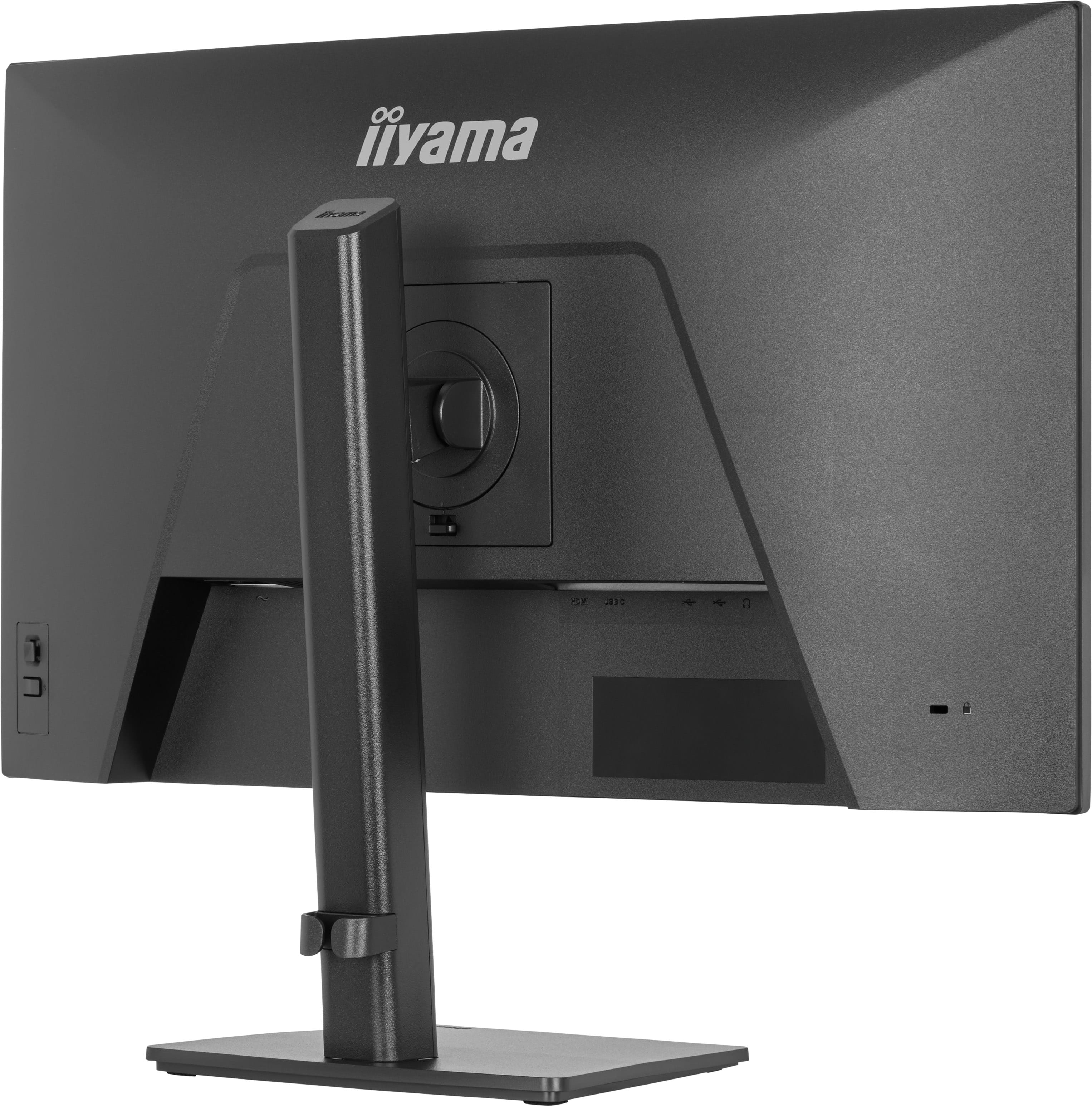 Tył czarnego monitora z logo Iiyama, podstawką i portami.