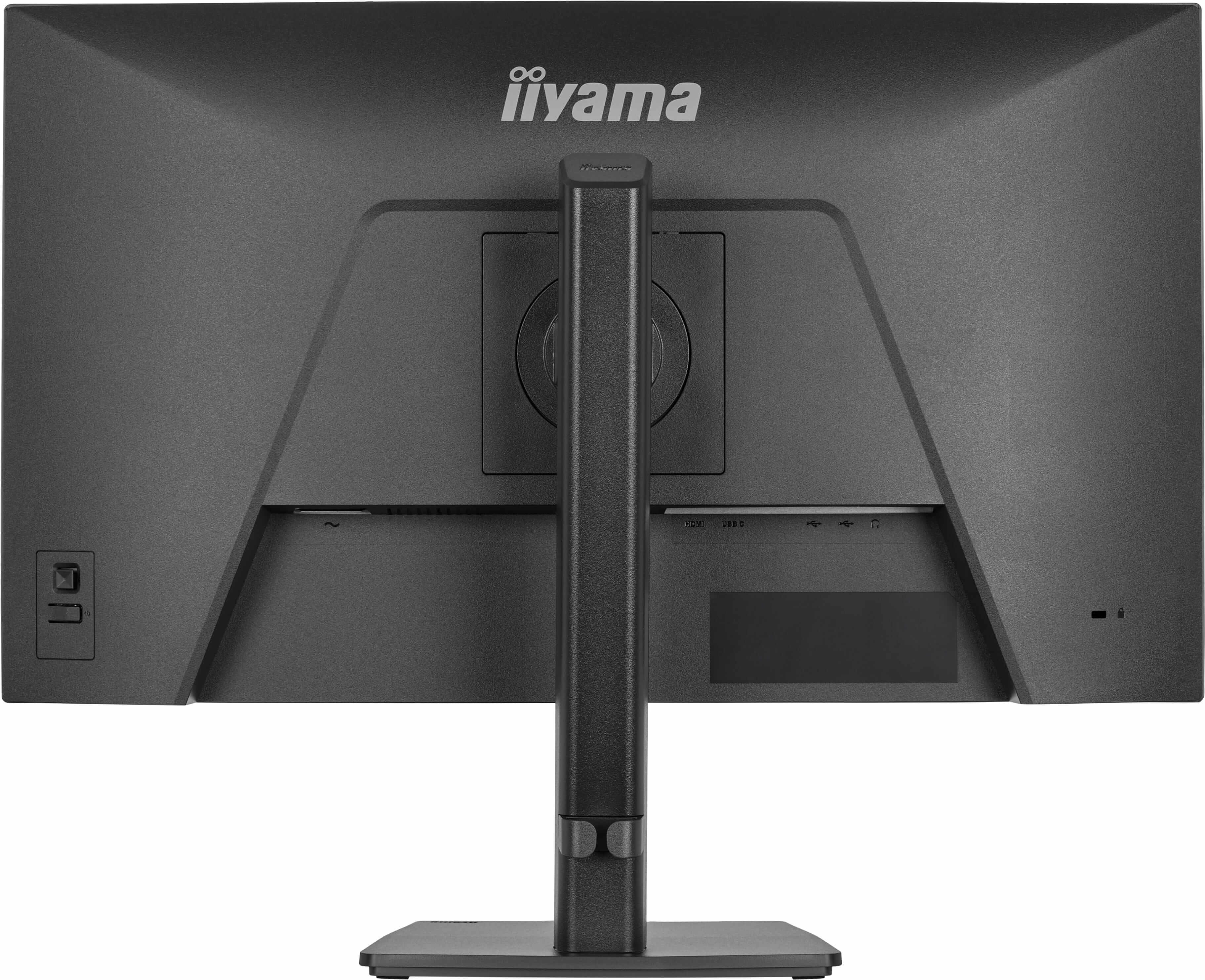 Tył czarnego monitora z logo Iiyama i portami.