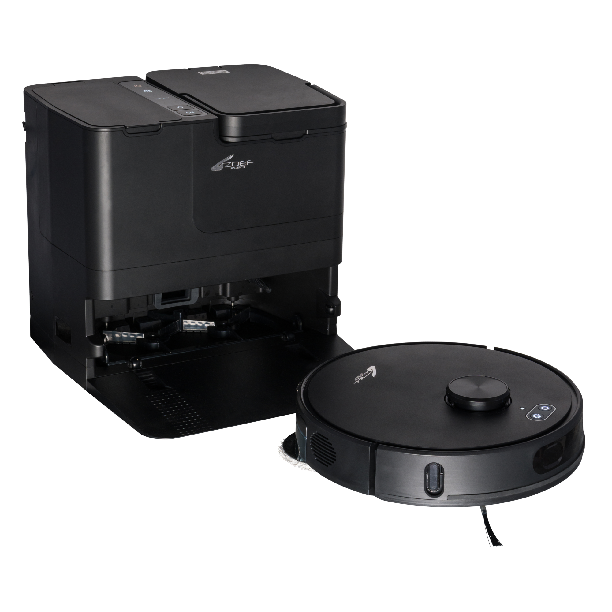 Black robot vacuum with charging station.
