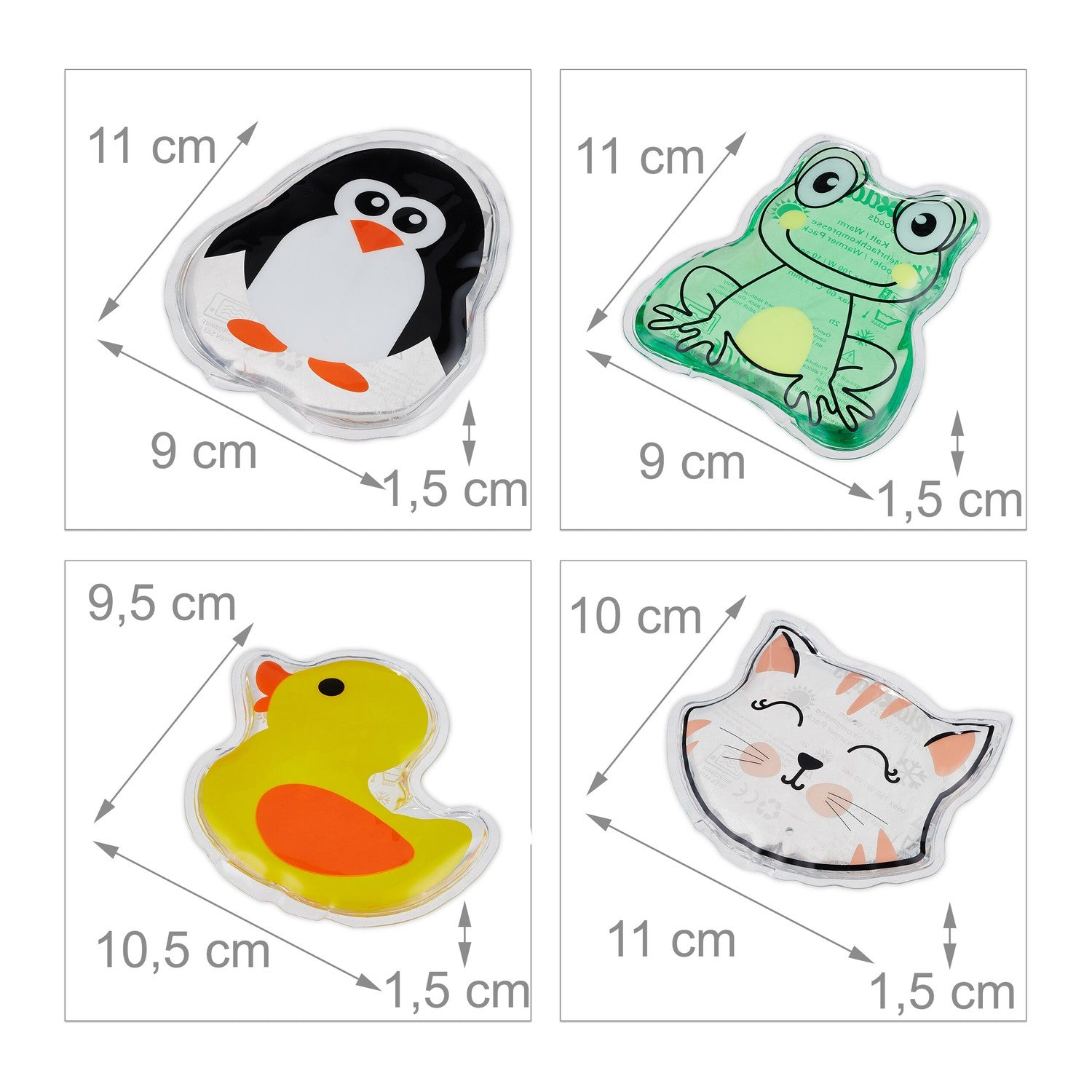Cuatro compresas térmicas: pingüino, rana, pato, gato. Dimensiones mostradas.