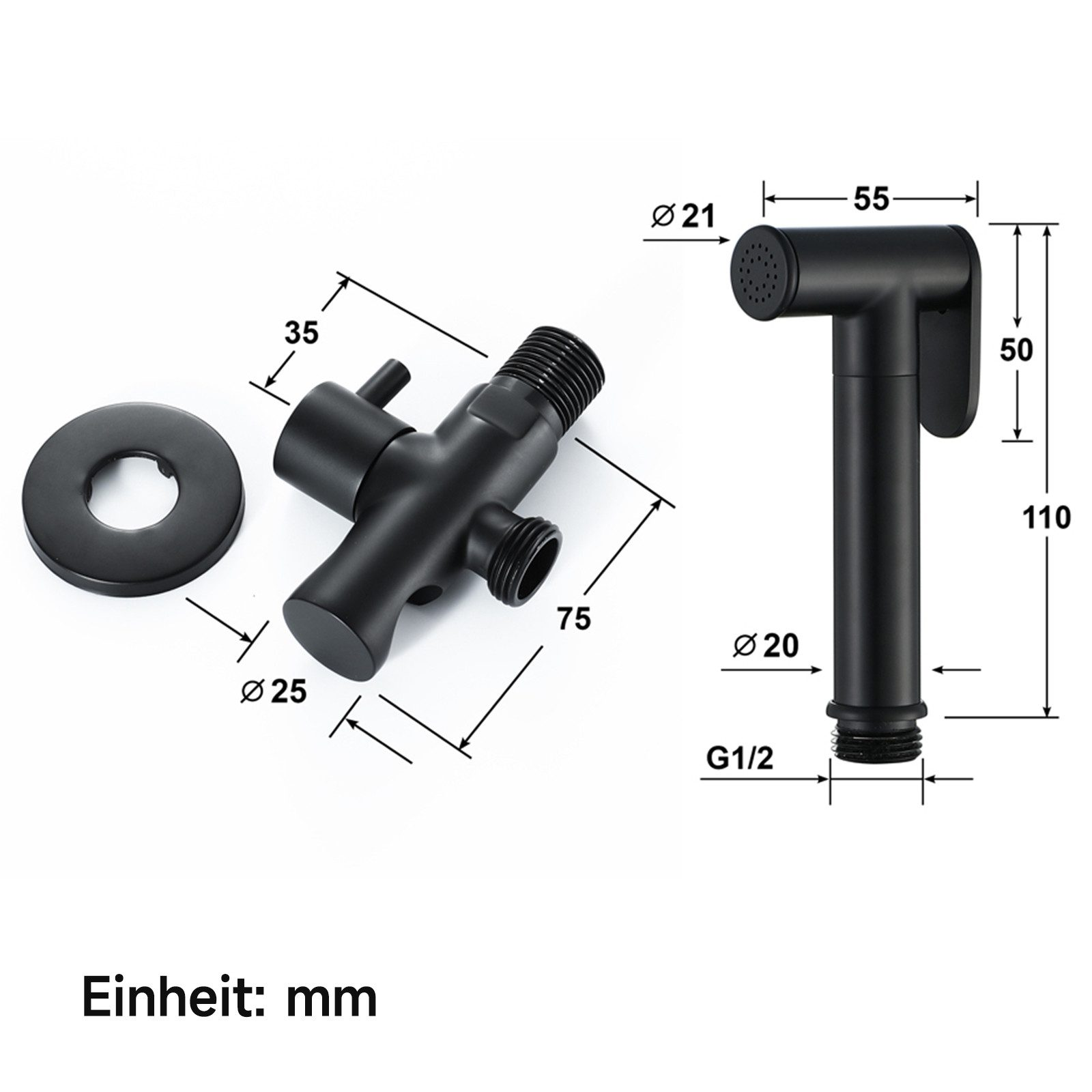 Schwarzer Bidet-Sprühkopf mit Ventil und Rosette, Maße in mm.