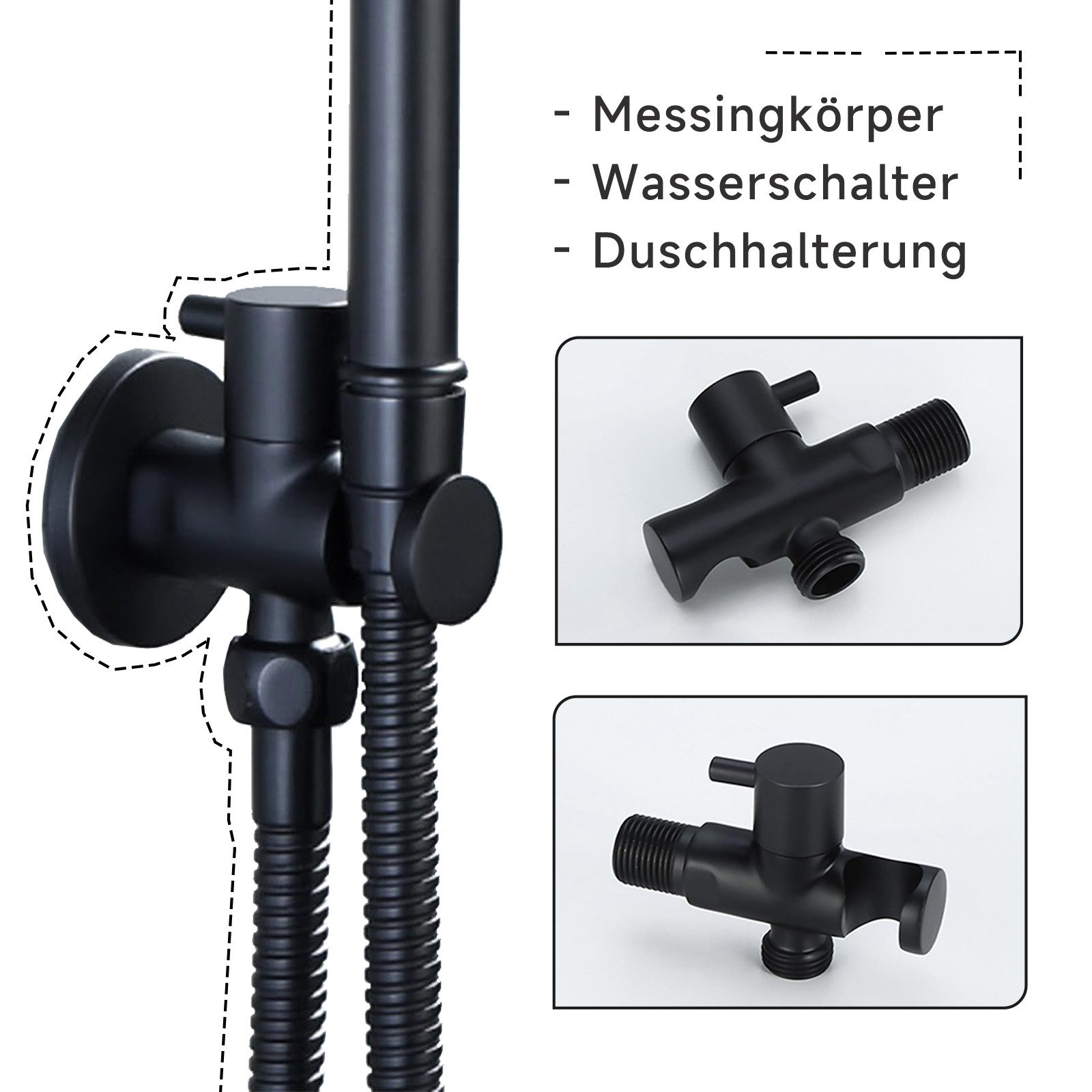 Schwarzer Duscharmatur mit zwei Ventilen und Schlauchhalterung.