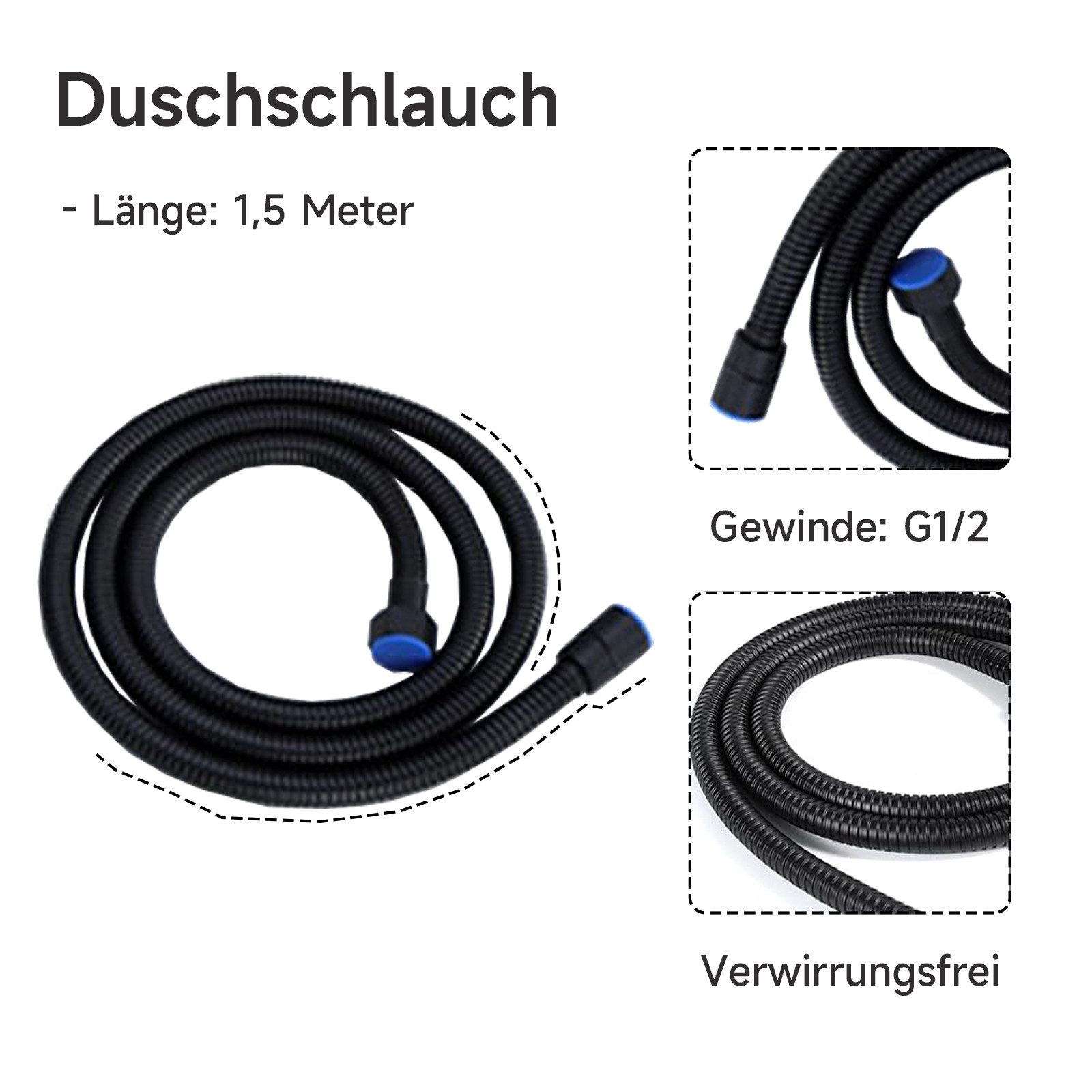 Schwarzer Duschschlauch, 1,5m lang, mit G1/2 Gewinde.