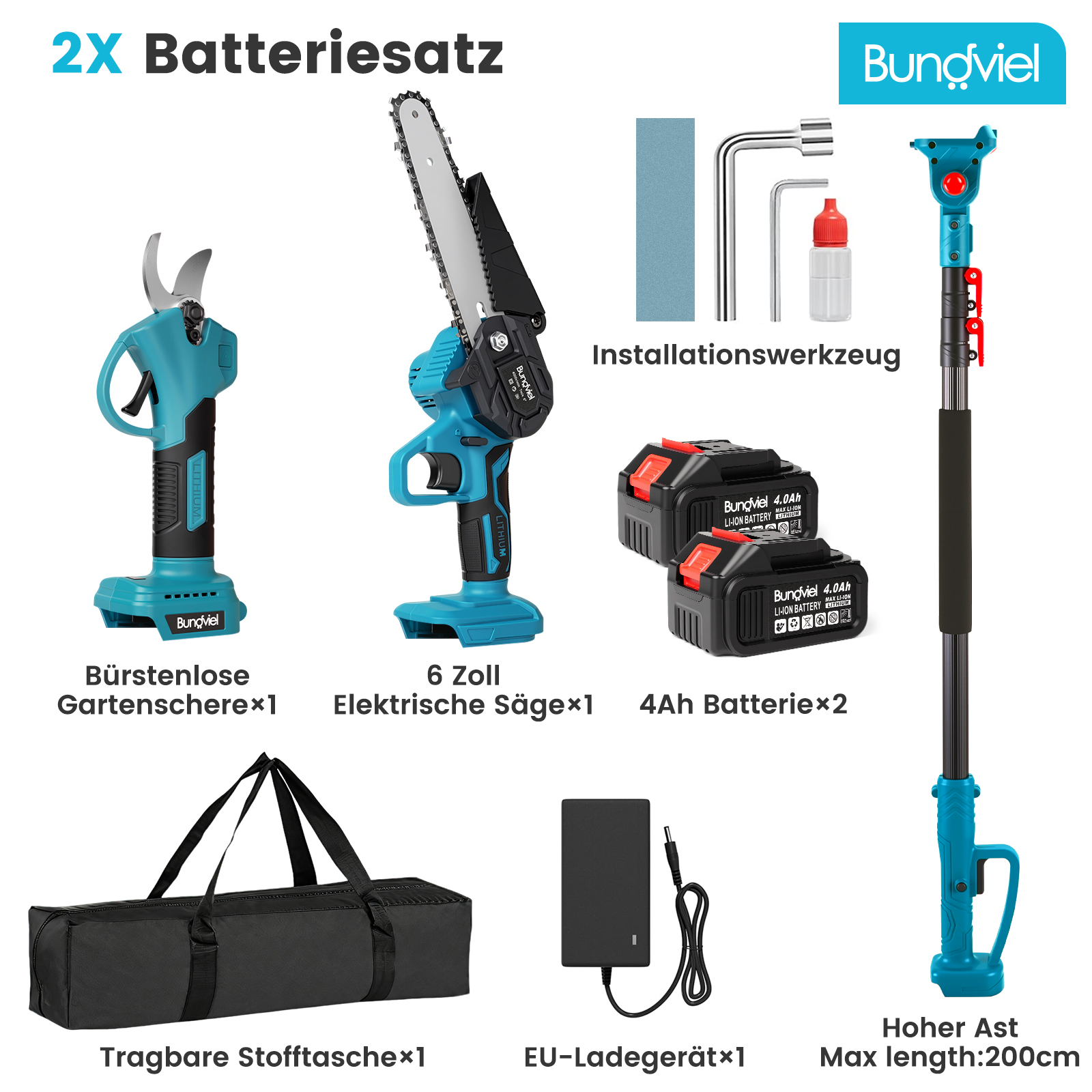 Gartengeräte-Set: Akku-Schere, Kettensäge, Teleskopastschneider, Batterien, Ladegerät, Tasche.