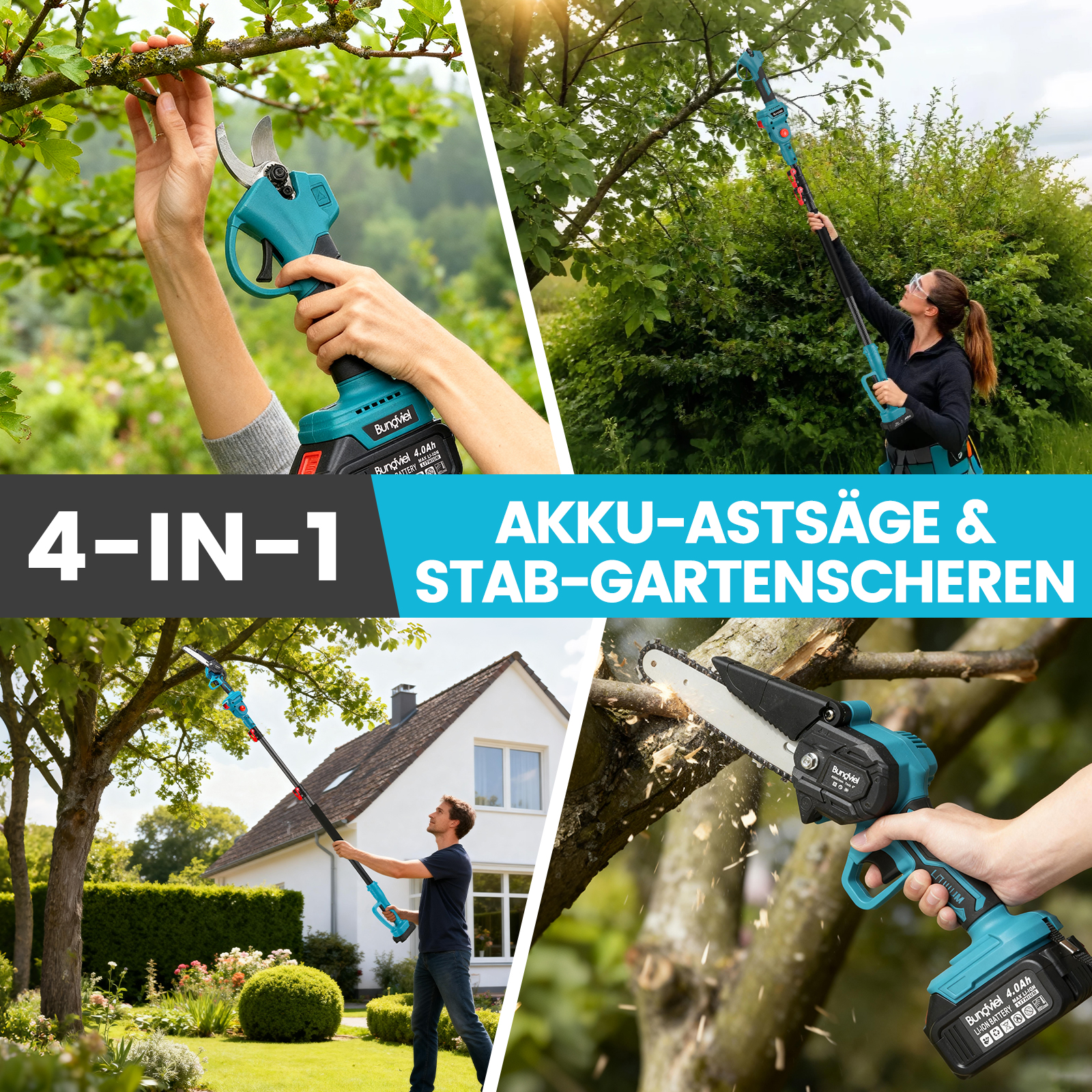 Collage zeigt Akku-Gartengeräte: Heckenschere, Astsäge, Teleskop-Astschere.