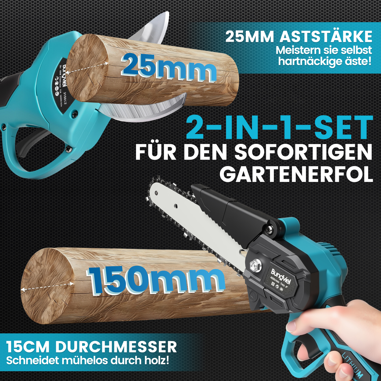 Akku-Astschere und -Kettensäge: schneidet 25mm Äste und 15cm Durchmesser Holz.