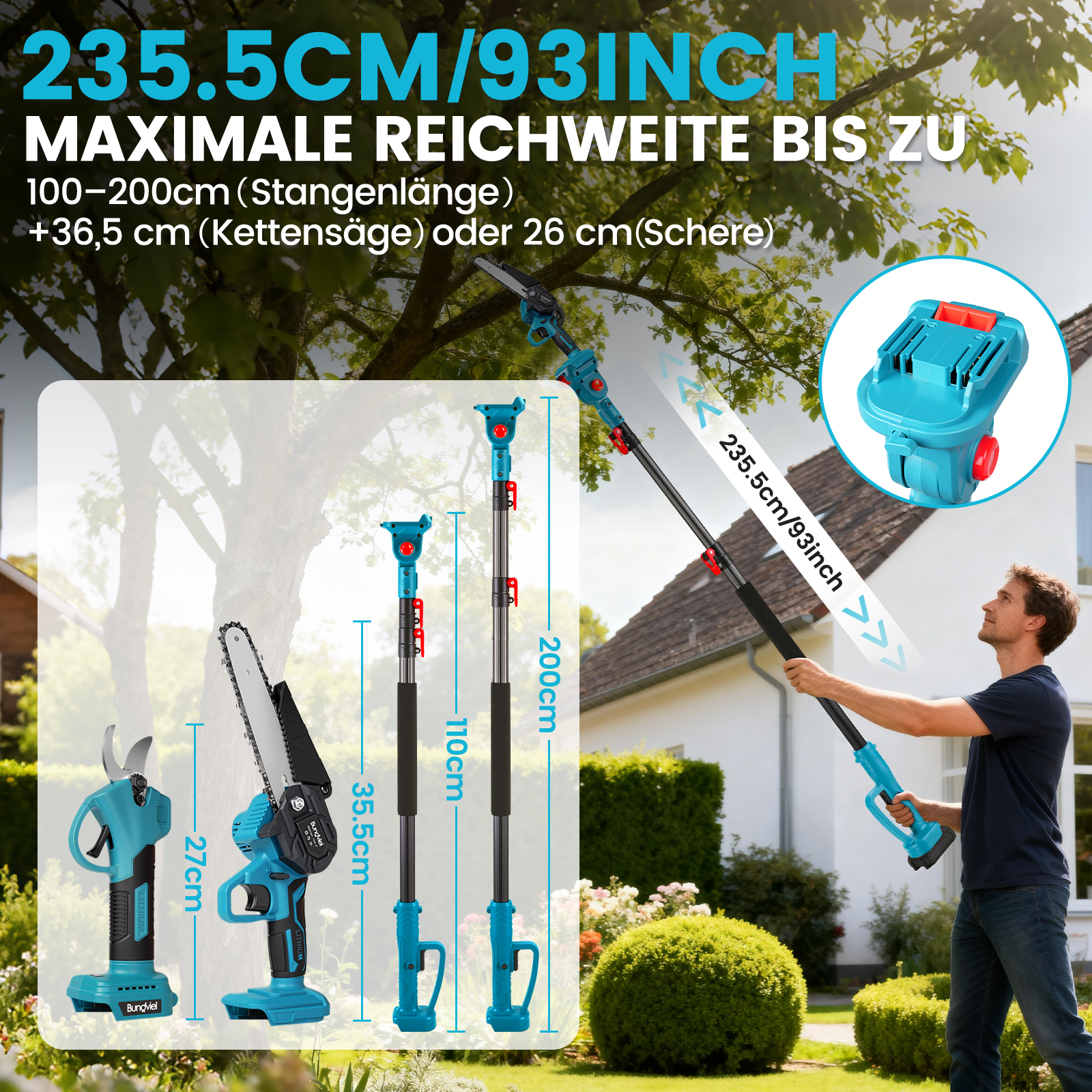 Ein Mann benutzt eine Heckenschere mit Teleskopstiel im Garten. Werkzeuge und Maße sind abgebildet.