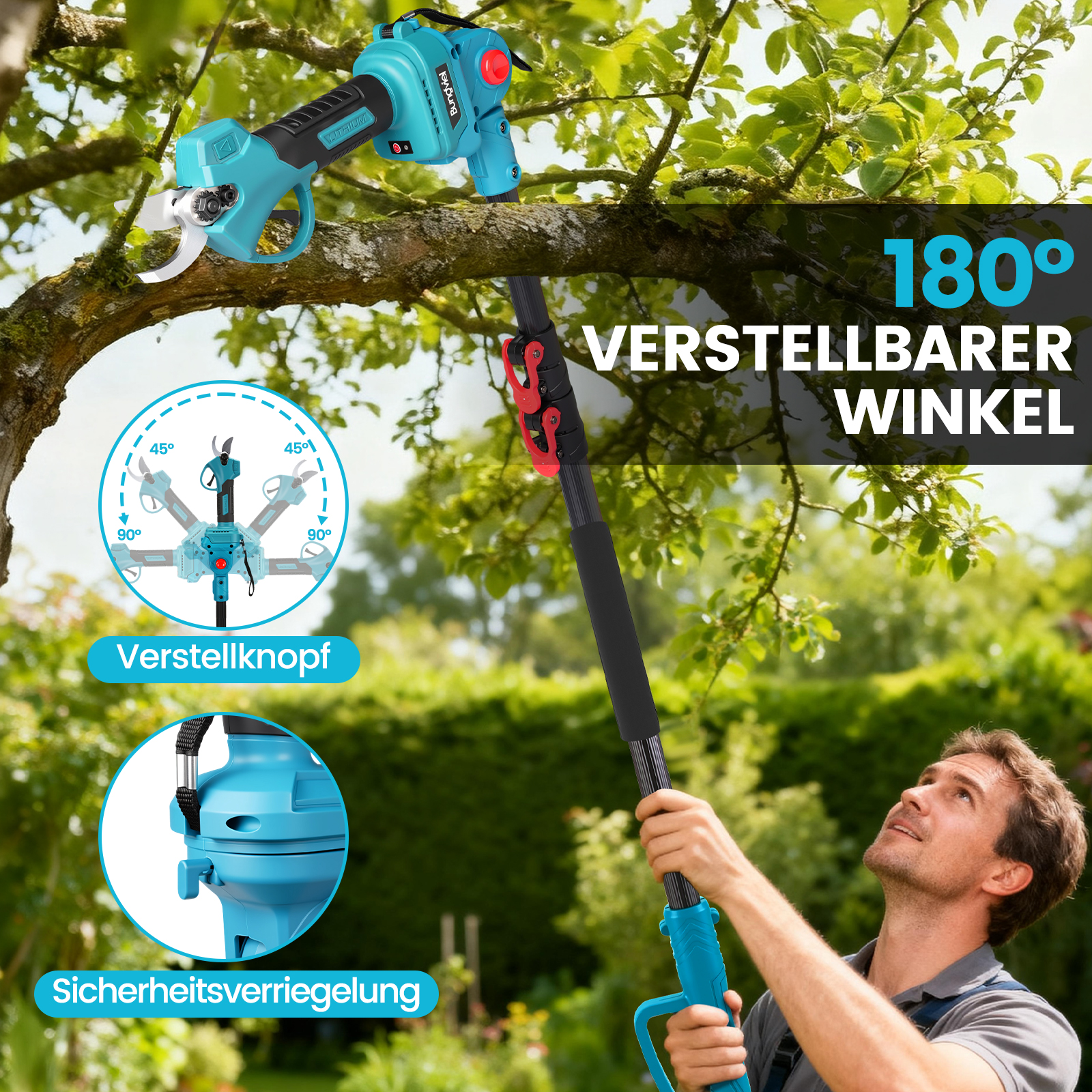Ein Mann benutzt eine Astschere mit Teleskopstiel im Garten. Der Winkel ist verstellbar.