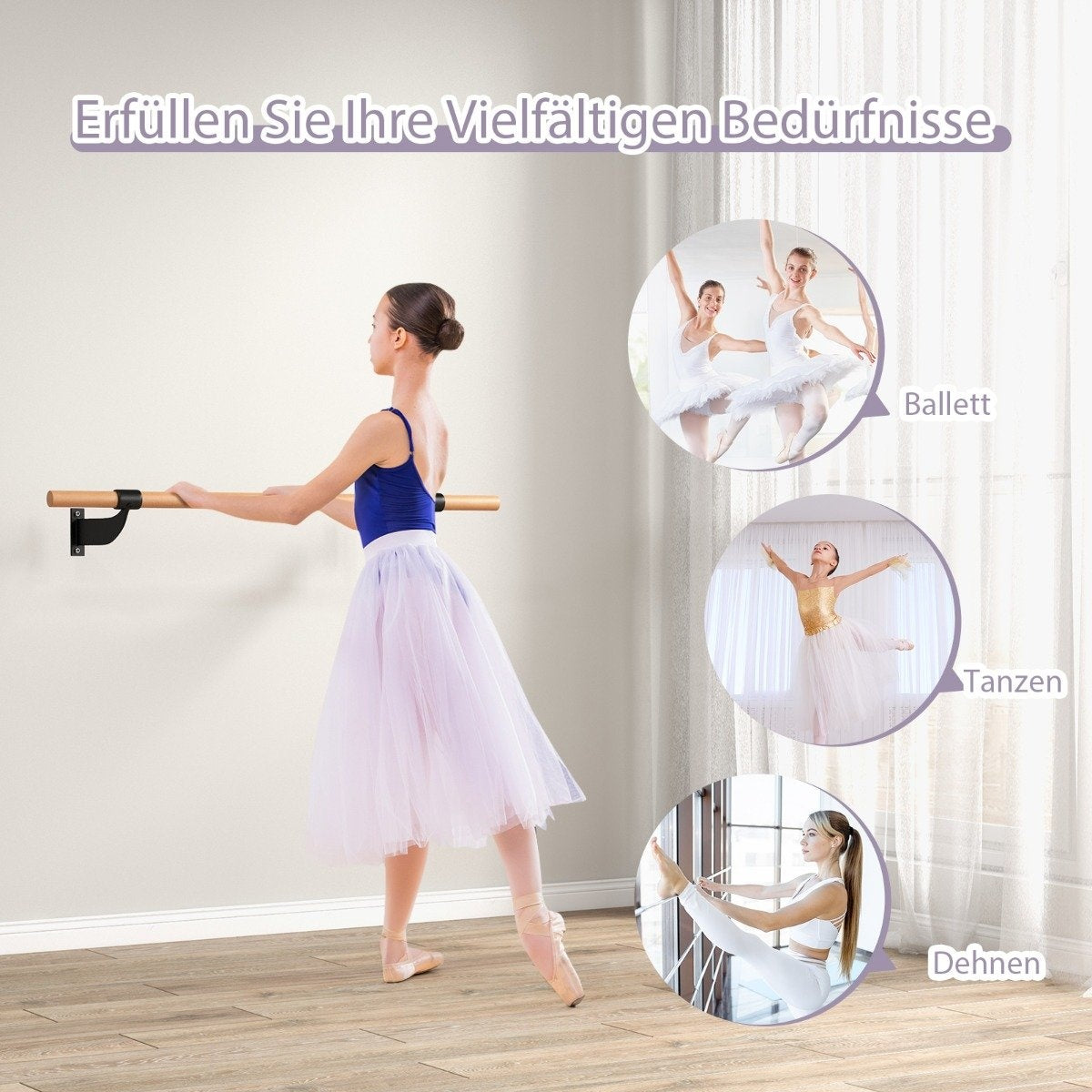 Bailarina en barra de ballet con tres círculos que muestran ballet, danza y estiramiento.