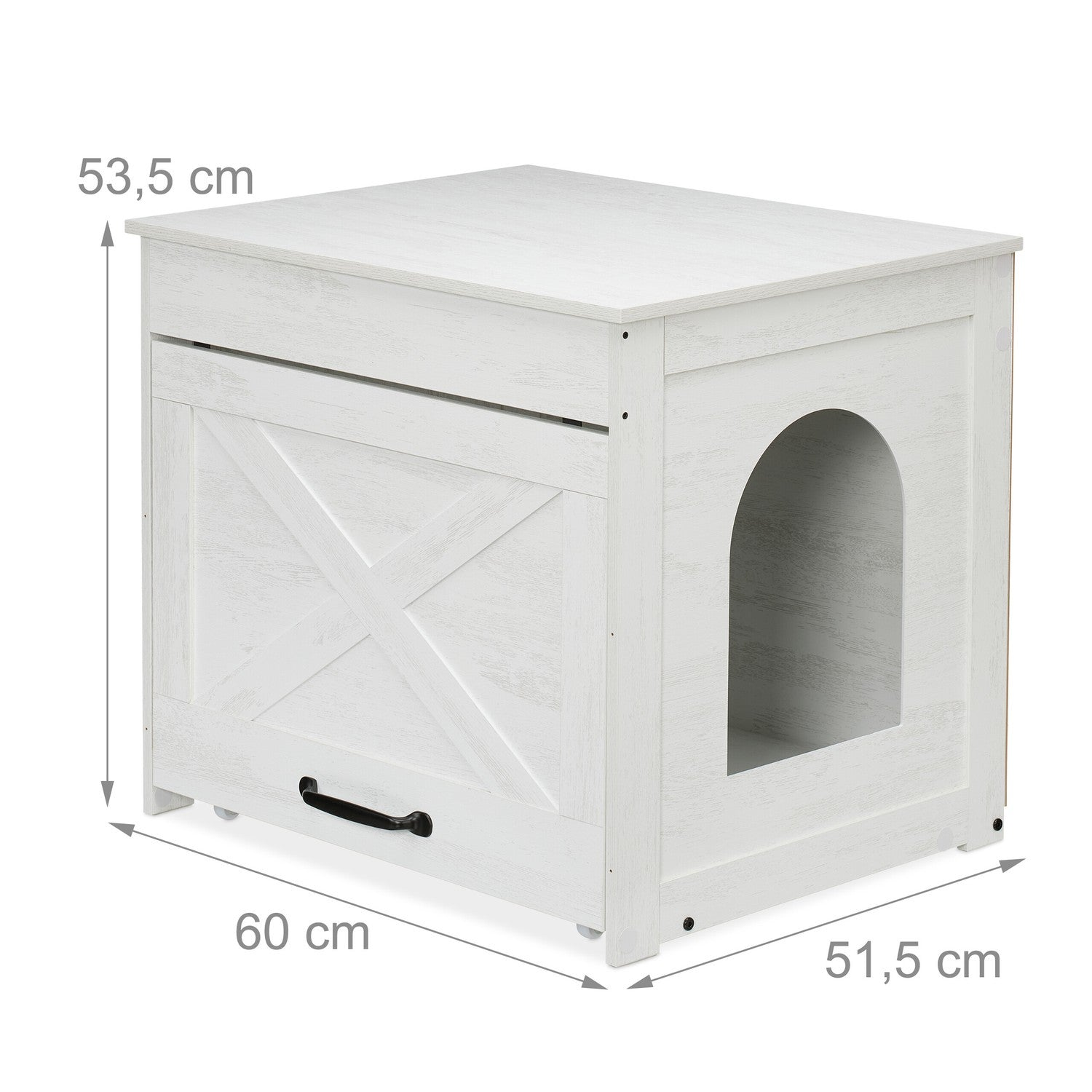 Gabinete blanco para gatos con puerta arqueada y cajón. Dimensiones 60x51,5x53,5 cm.