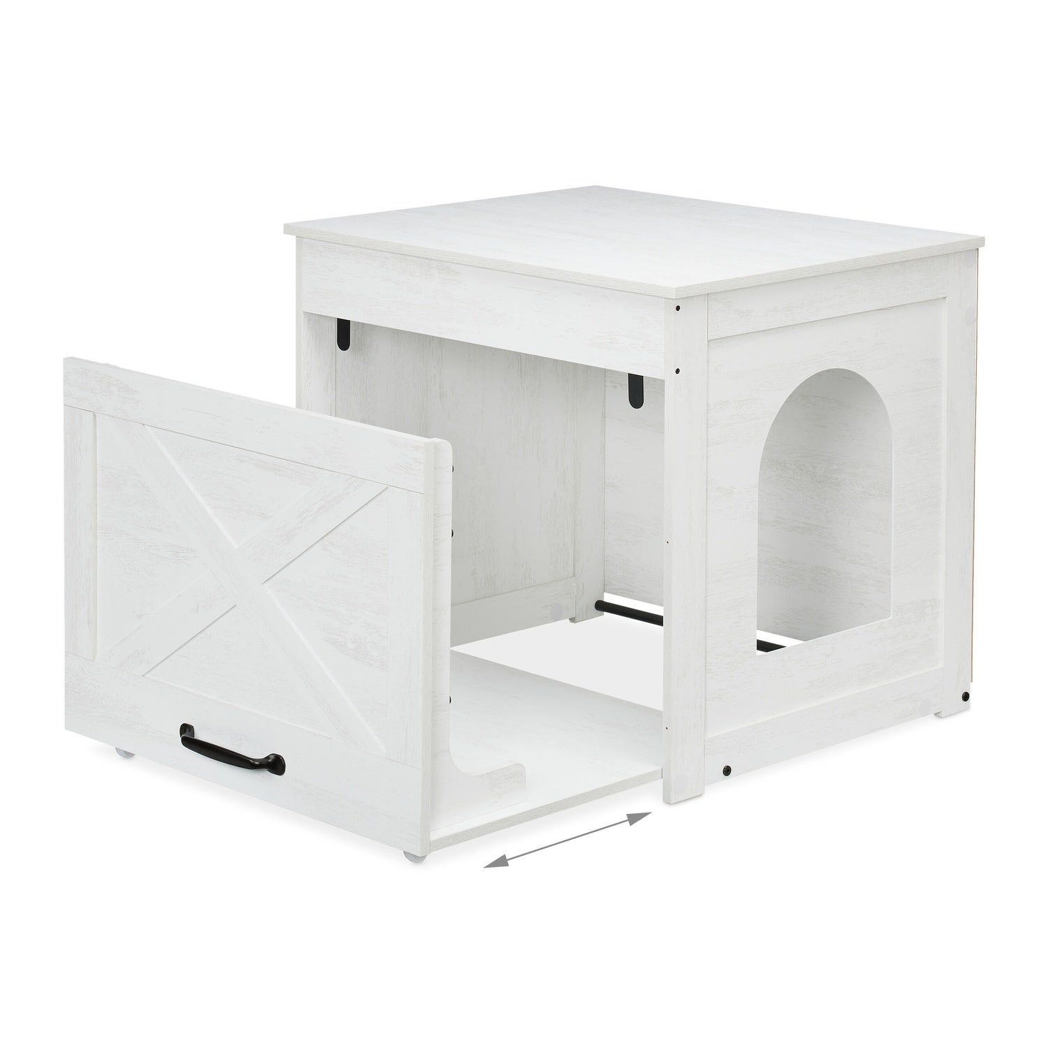 Caja de madera blanca con cajón y puerta, la flecha indica la apertura.