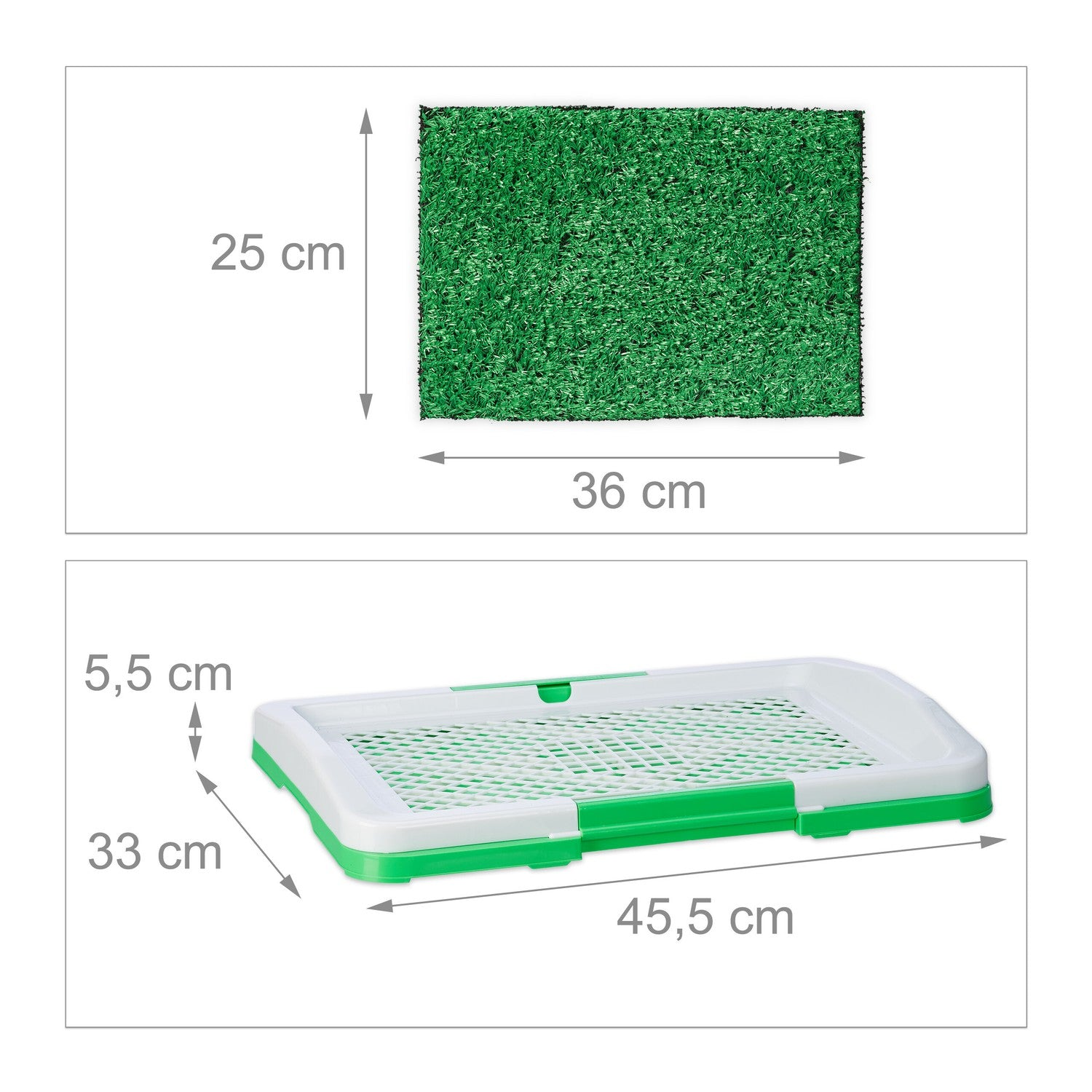 Césped artificial verde (36x25cm) y bandeja de rejilla blanca/verde (45,5x33x5,5cm).