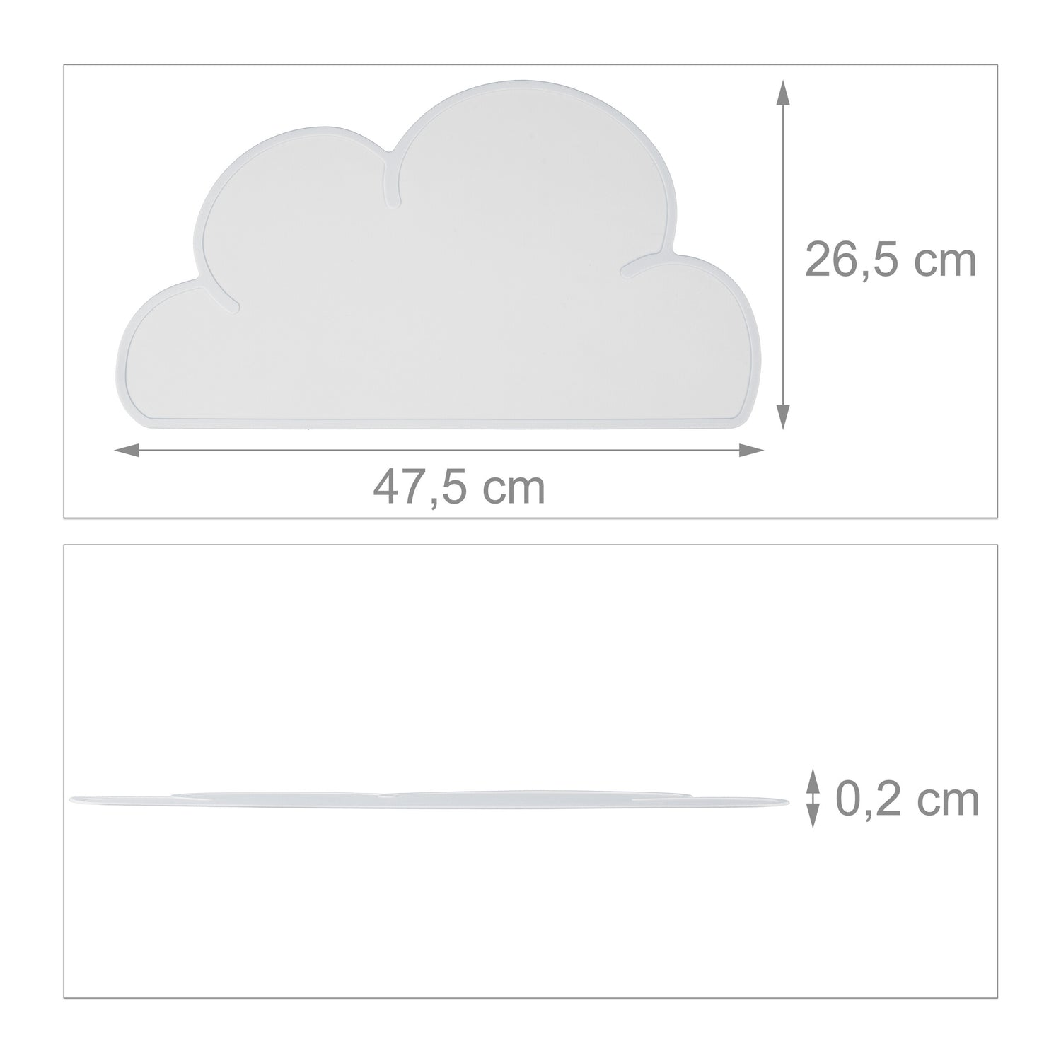 Una nube blanca, 47,5 cm de ancho, 26,5 cm de alto, 0,2 cm de grosor.