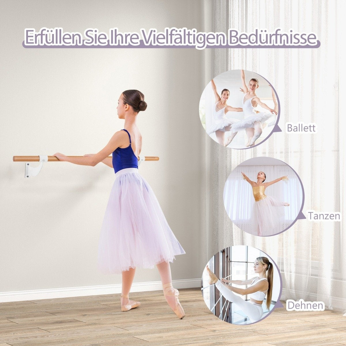 Bailarina practica en barra; círculos muestran ballet, baile, estiramientos.