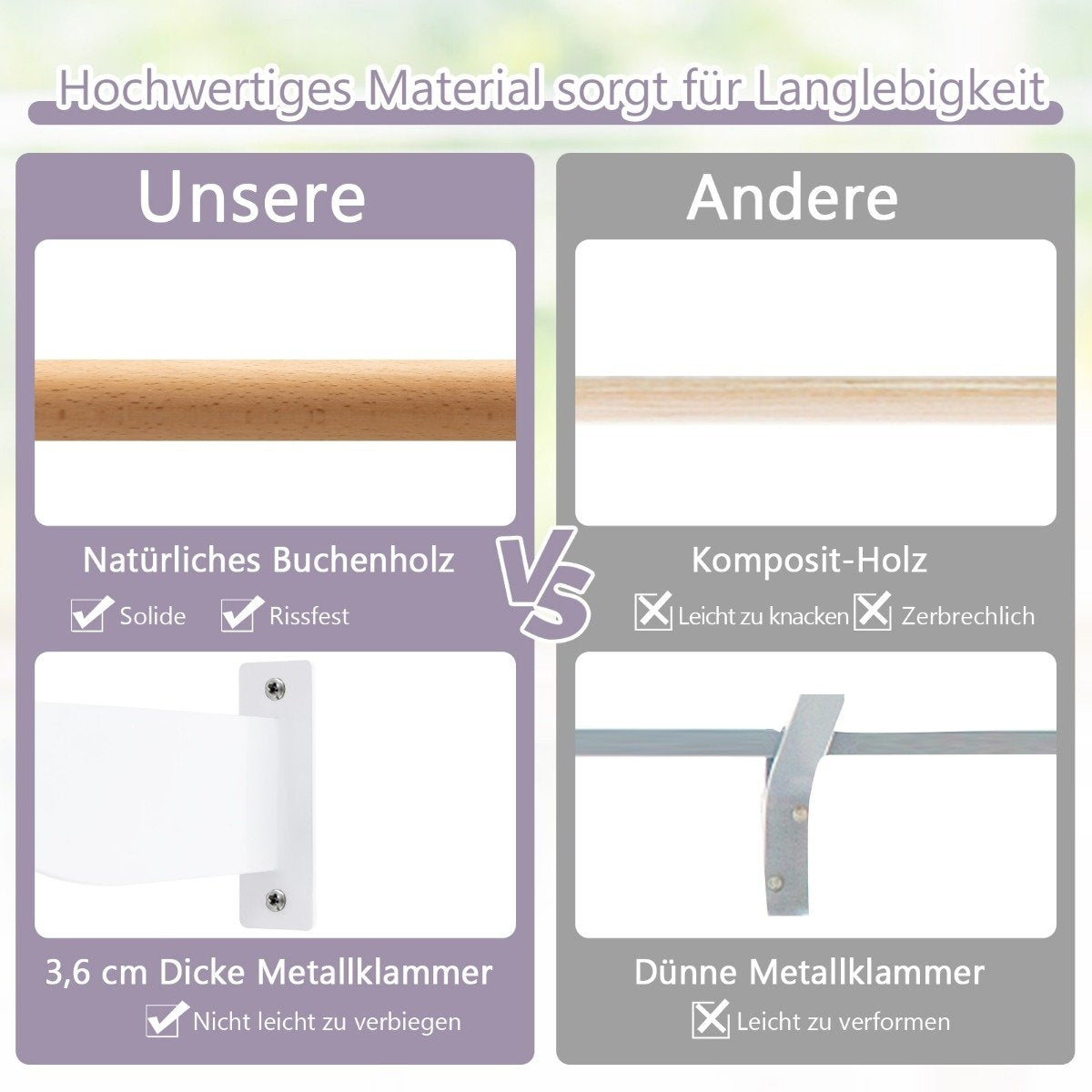 Comparación: Nuestra madera de haya vs. otra madera. Clips sólidos vs. finos.