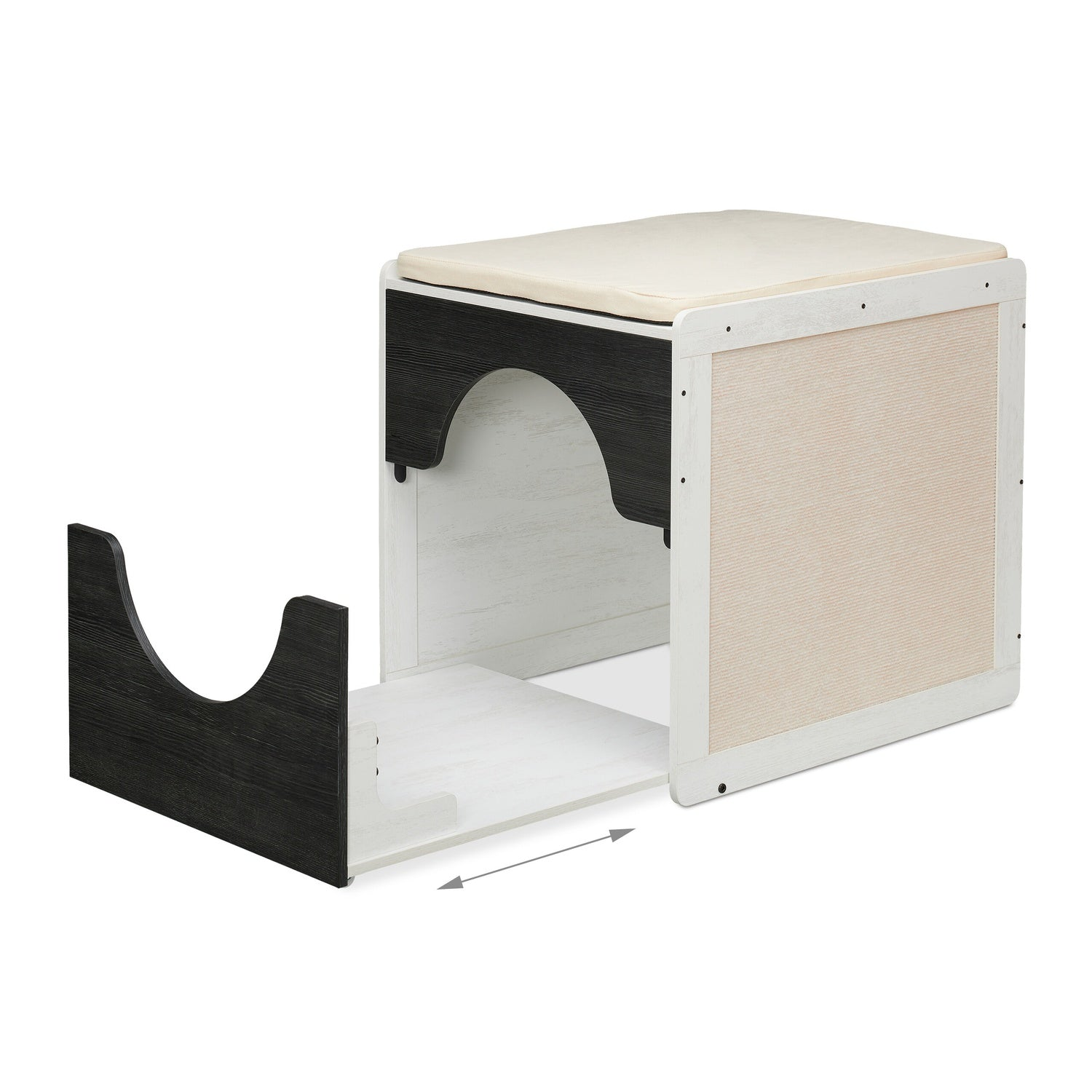 Cubo de madera blanco y oscuro con cojín beige y cajón extraíble.