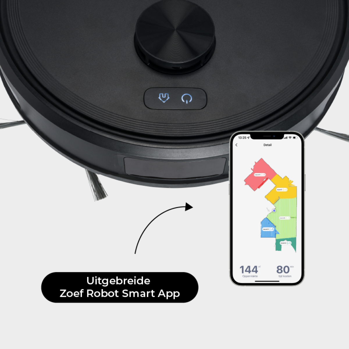 A black robot vacuum with a smartphone app showing a map of cleaned areas.