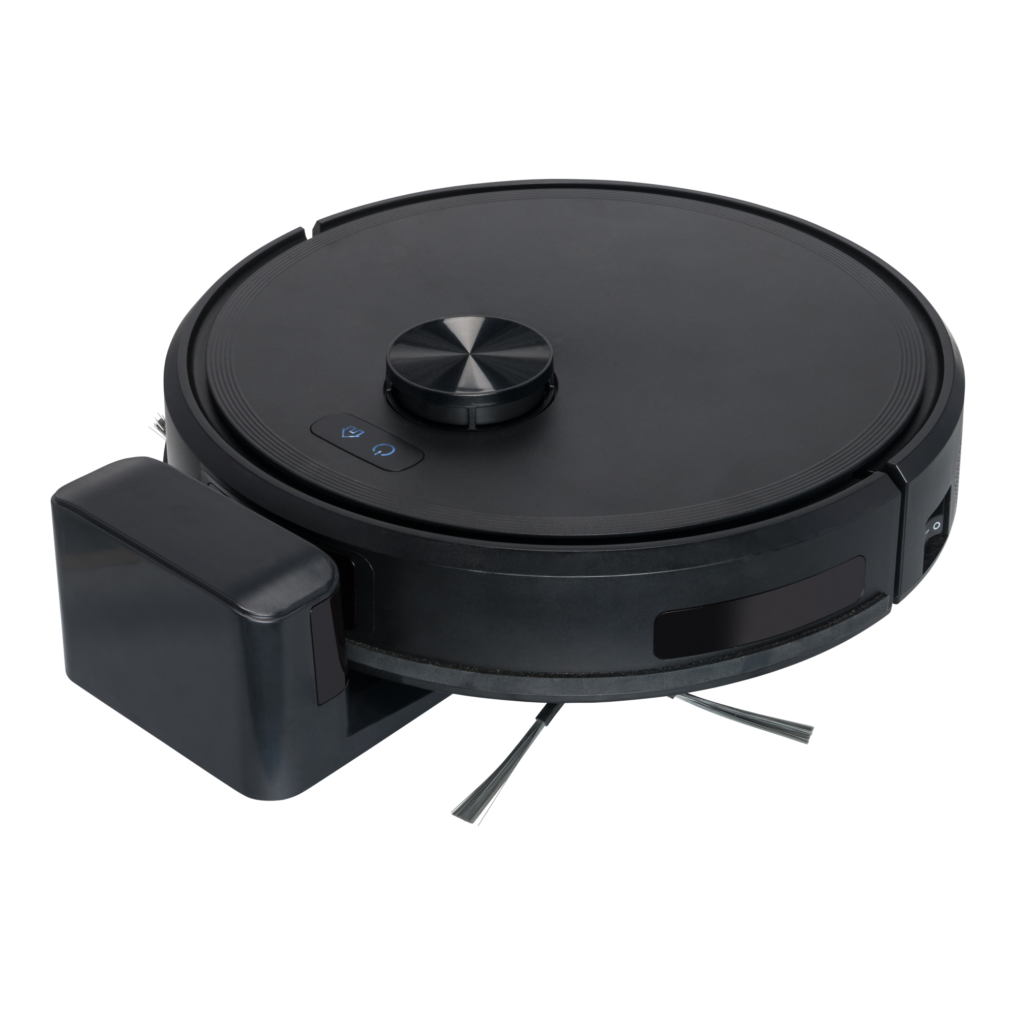 A black robot vacuum cleaner with charging contacts on a black background.