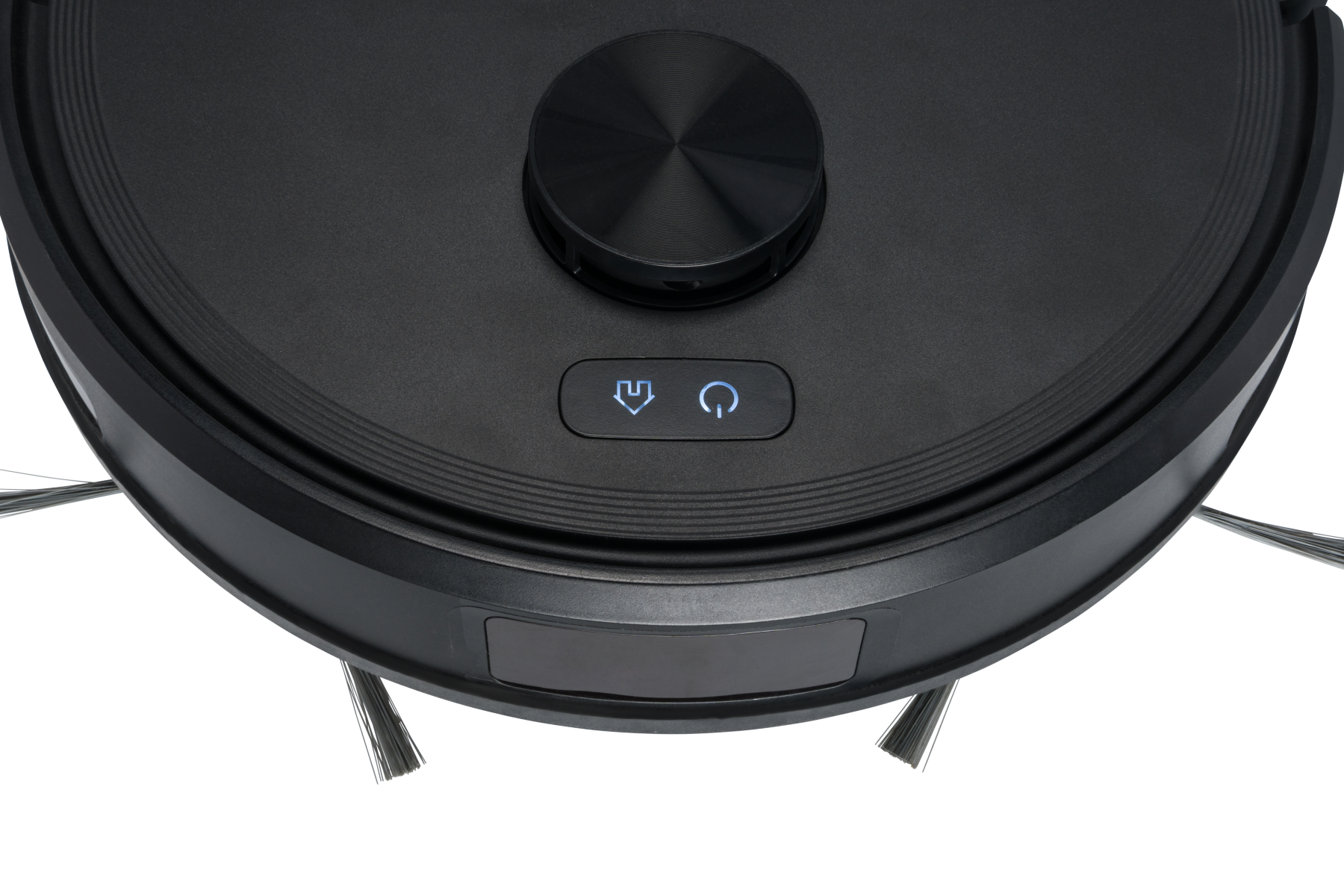 A black robotic vacuum cleaner with blue illuminated home and power buttons.