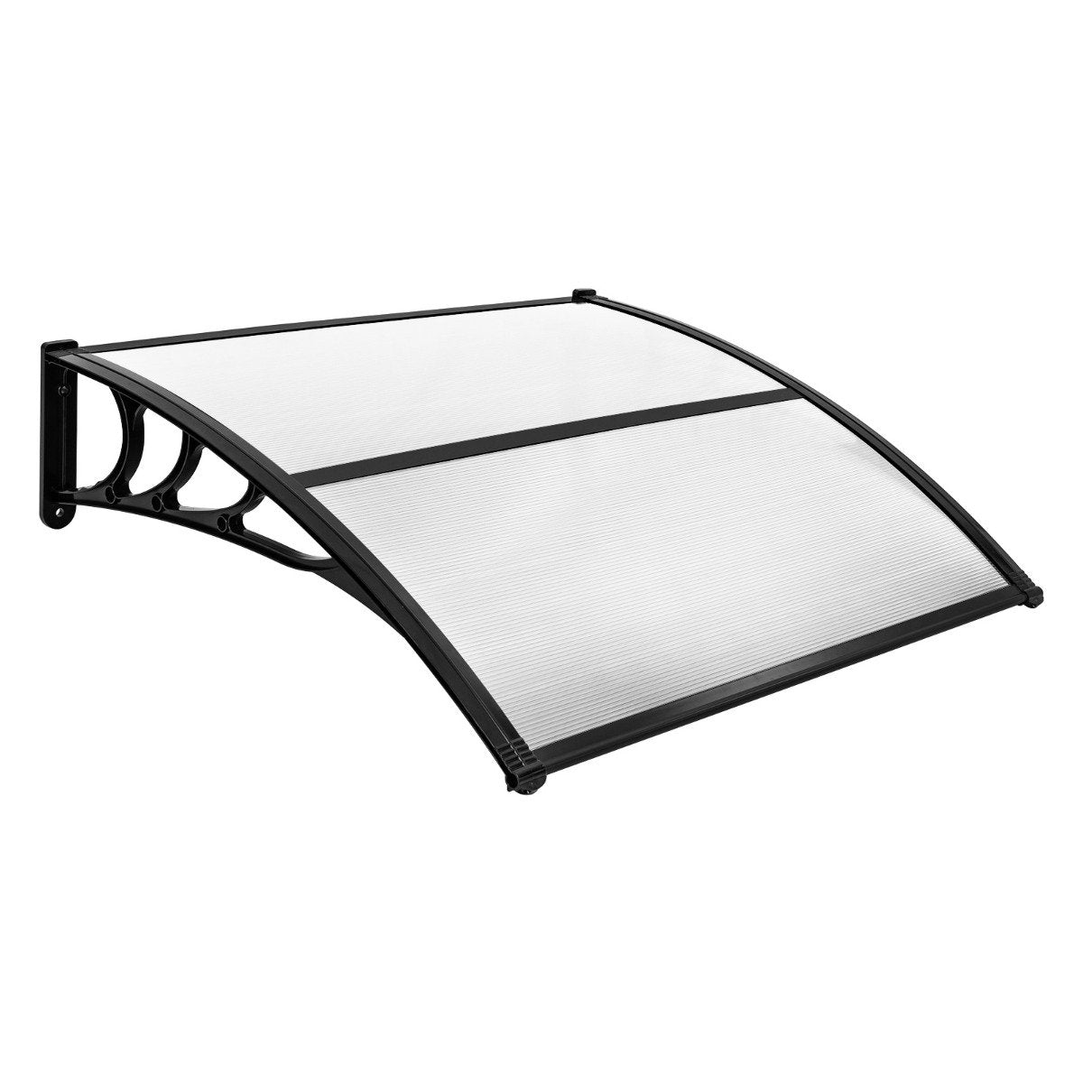 Toldo negro con techo transparente acanalado y soportes.