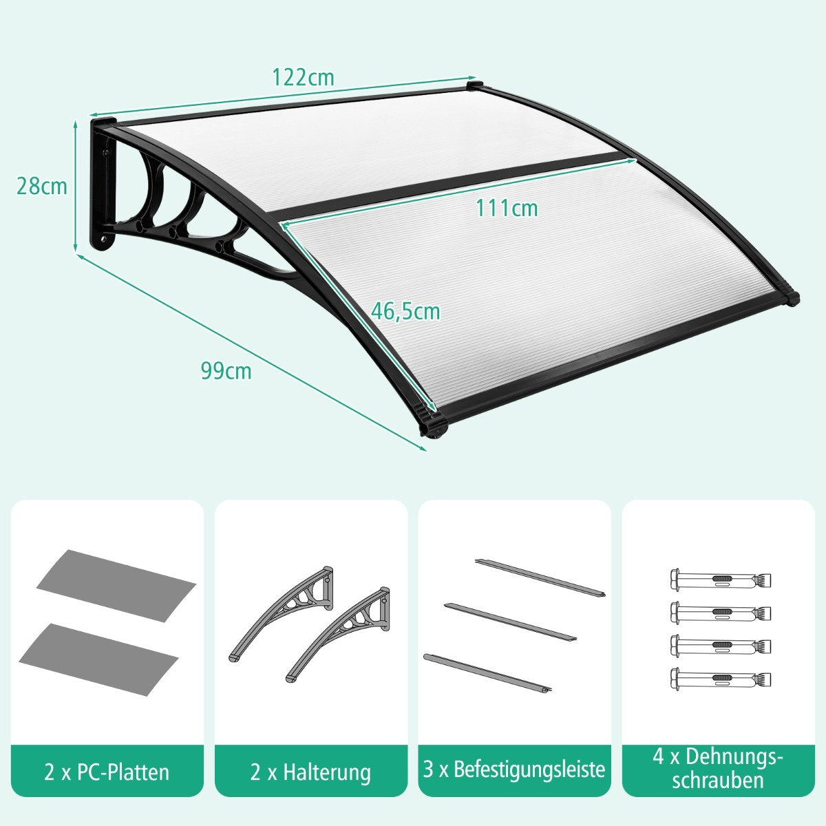 Toldo con dimensiones 122x28x99cm. Incluye placas de PC, soportes, tiras y tornillos.