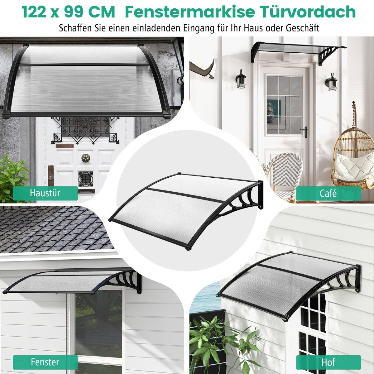 Toldo sobre puertas y ventanas, con soportes negros y techo transparente.