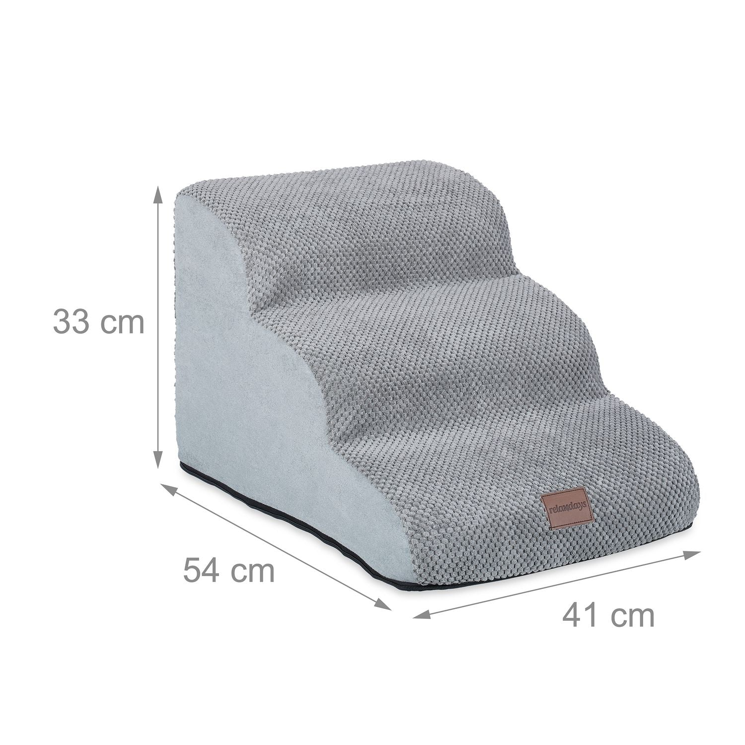 Escalera gris para perros de tres peldaños, medidas 54x41x33 cm.
