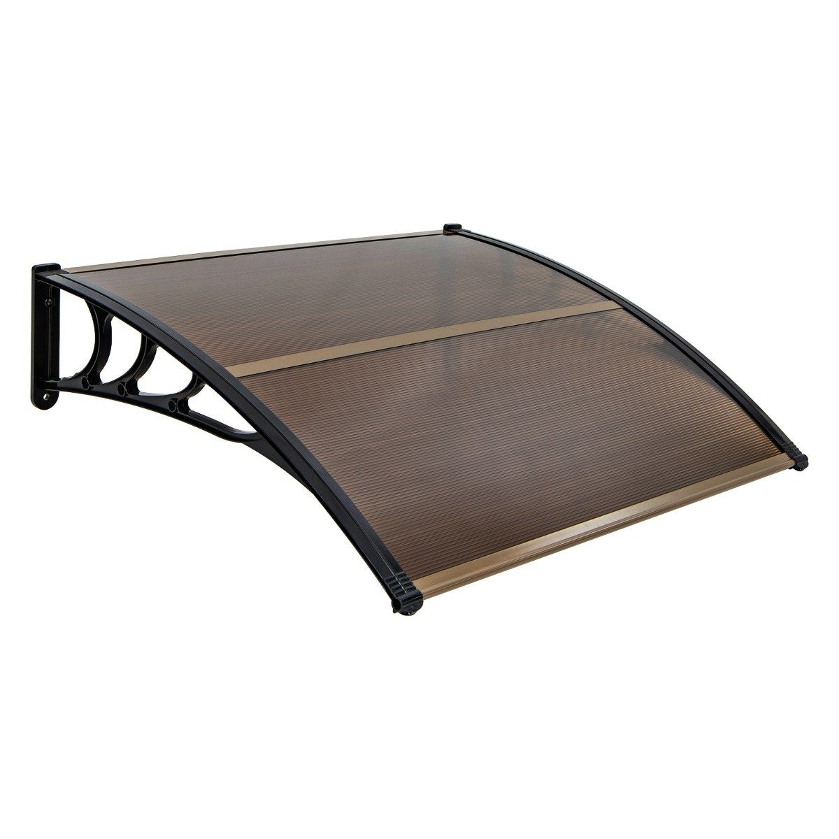 Un toldo marrón con soporte negro, montado en una pared.