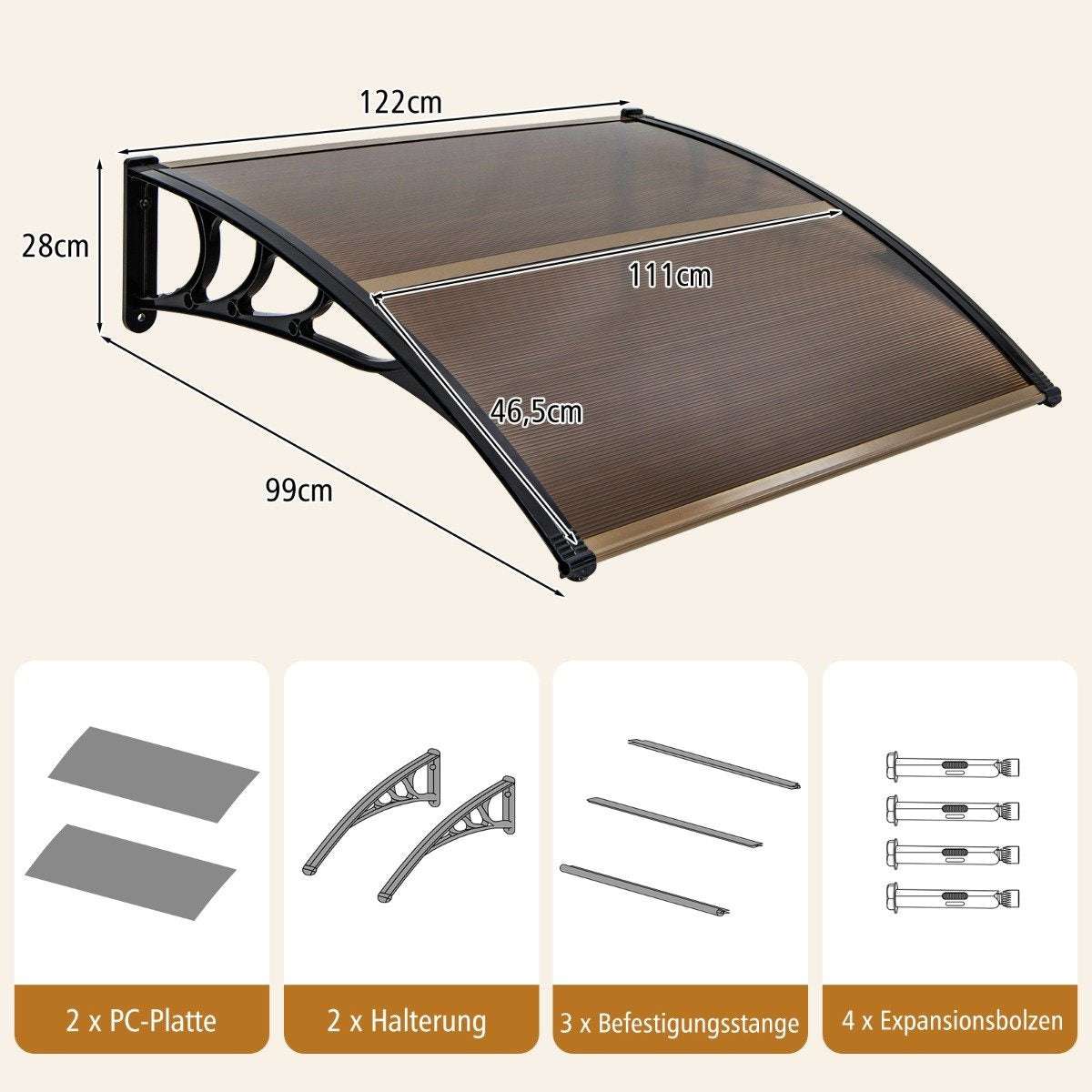 Toldo de 122x99cm, marrón, incluye accesorios.