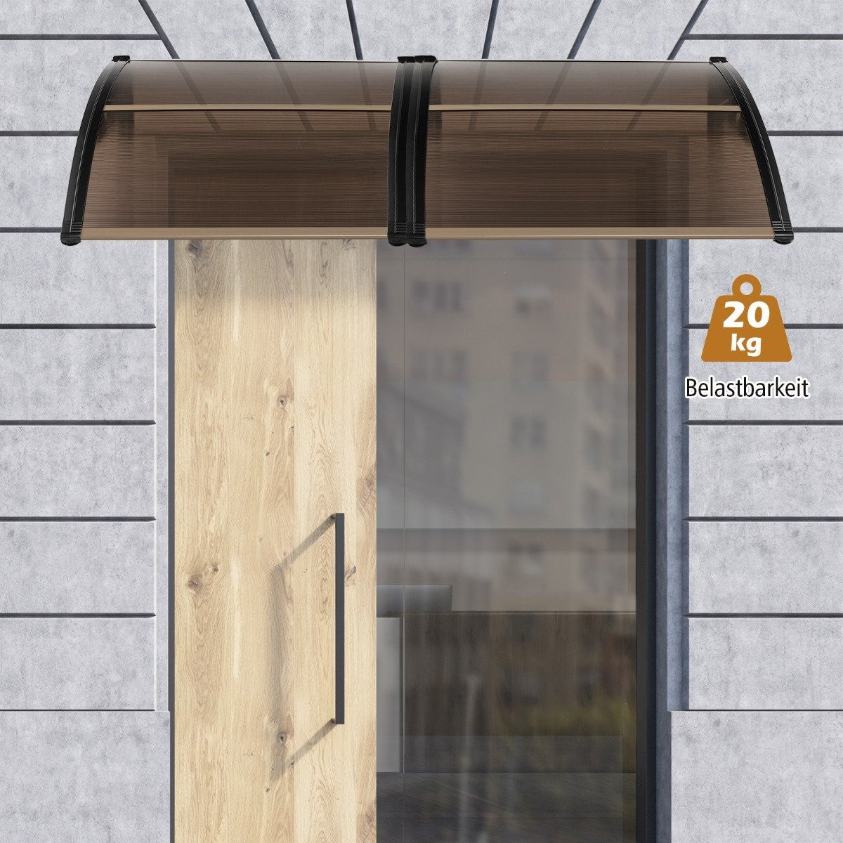 Toldo marrón sobre puerta de madera y pared gris. Capacidad 20kg.