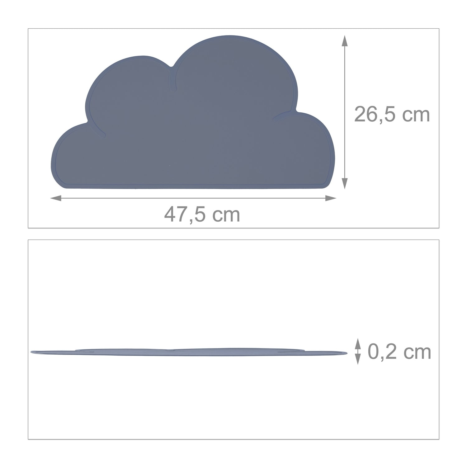 Alfombra gris en forma de nube, 47,5x26,5 cm, 0,2 cm de grosor.