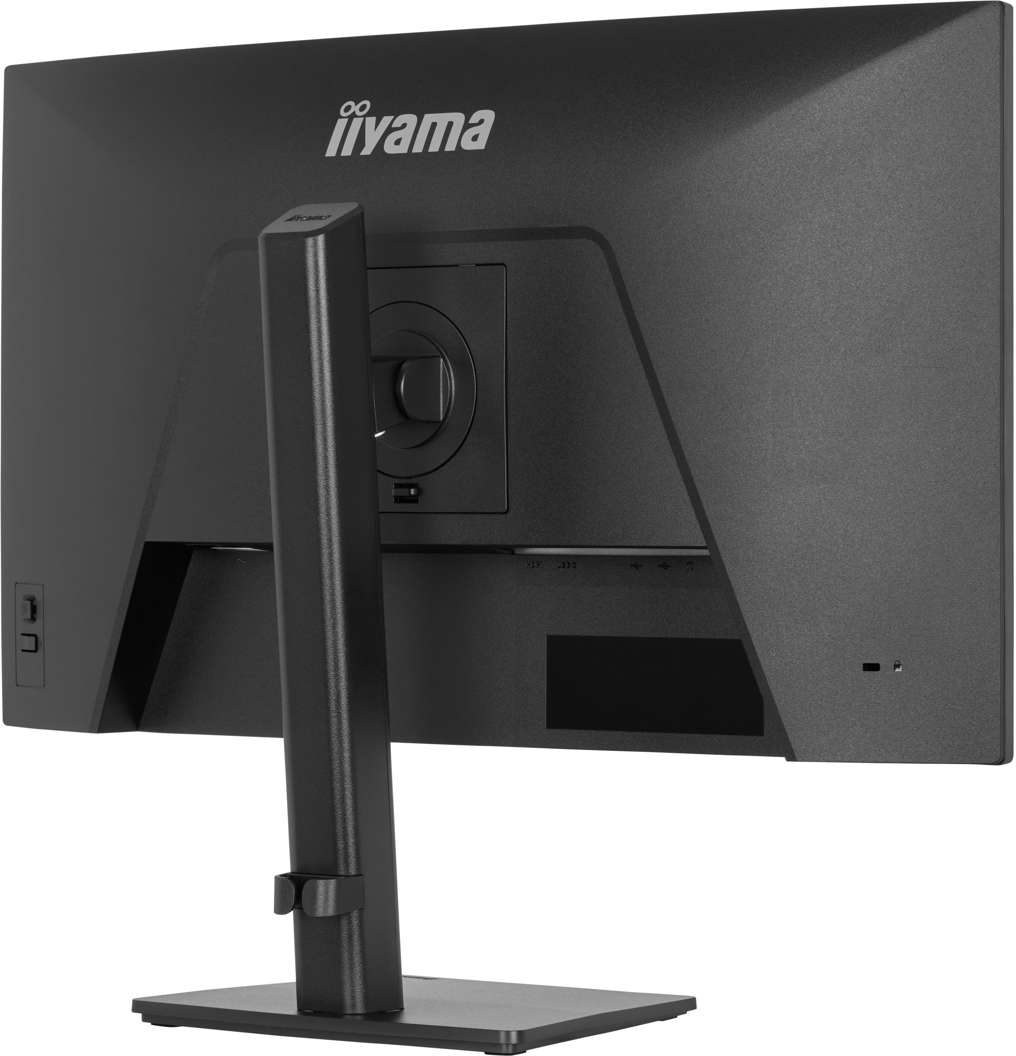 Tył czarnego monitora z srebrnym logo i portami.
