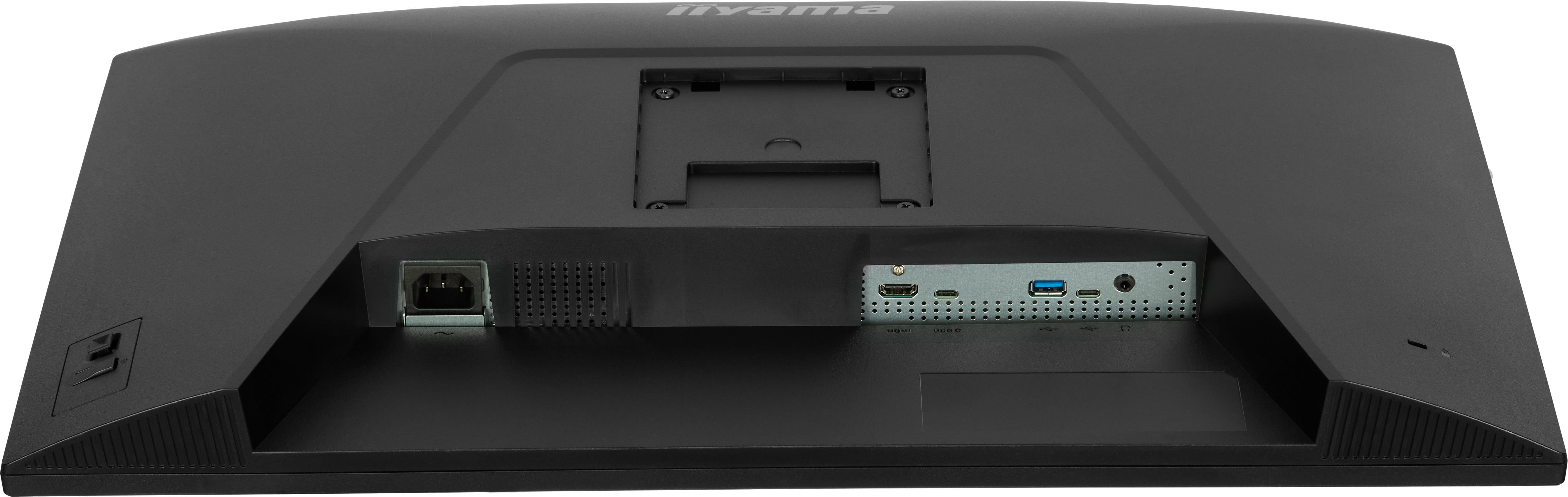 Tył czarnego monitora z portami zasilania, USB i HDMI.