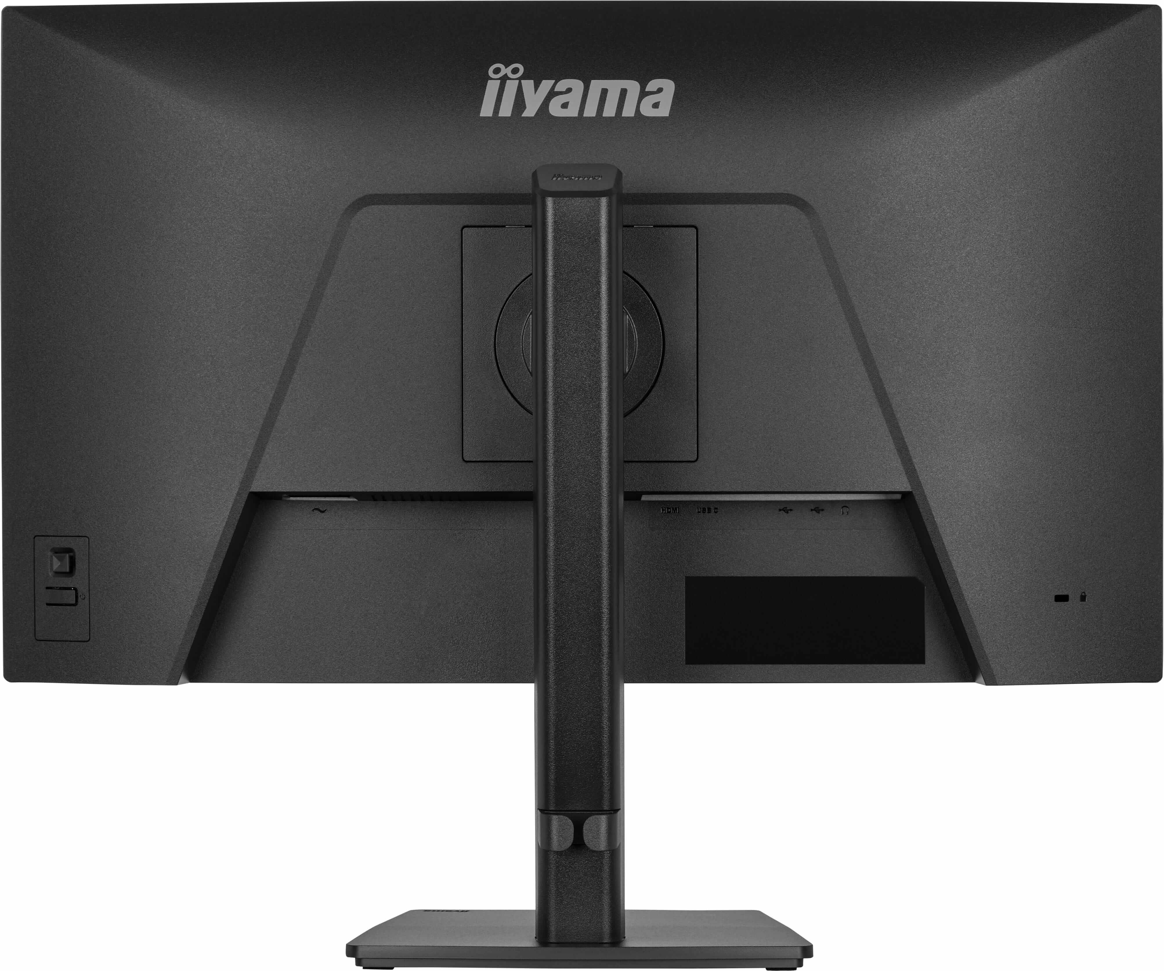 Tył czarnego monitora z portami i podstawą.