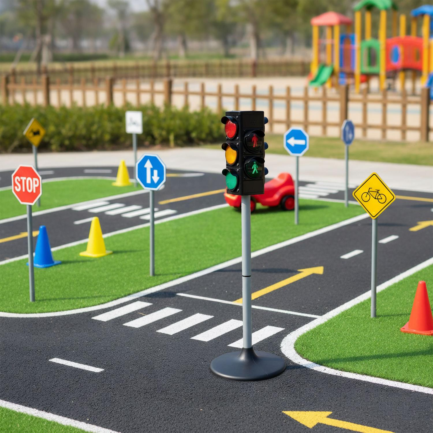 Parque infantil con mini carreteras, semáforos, señales y casa de juegos.