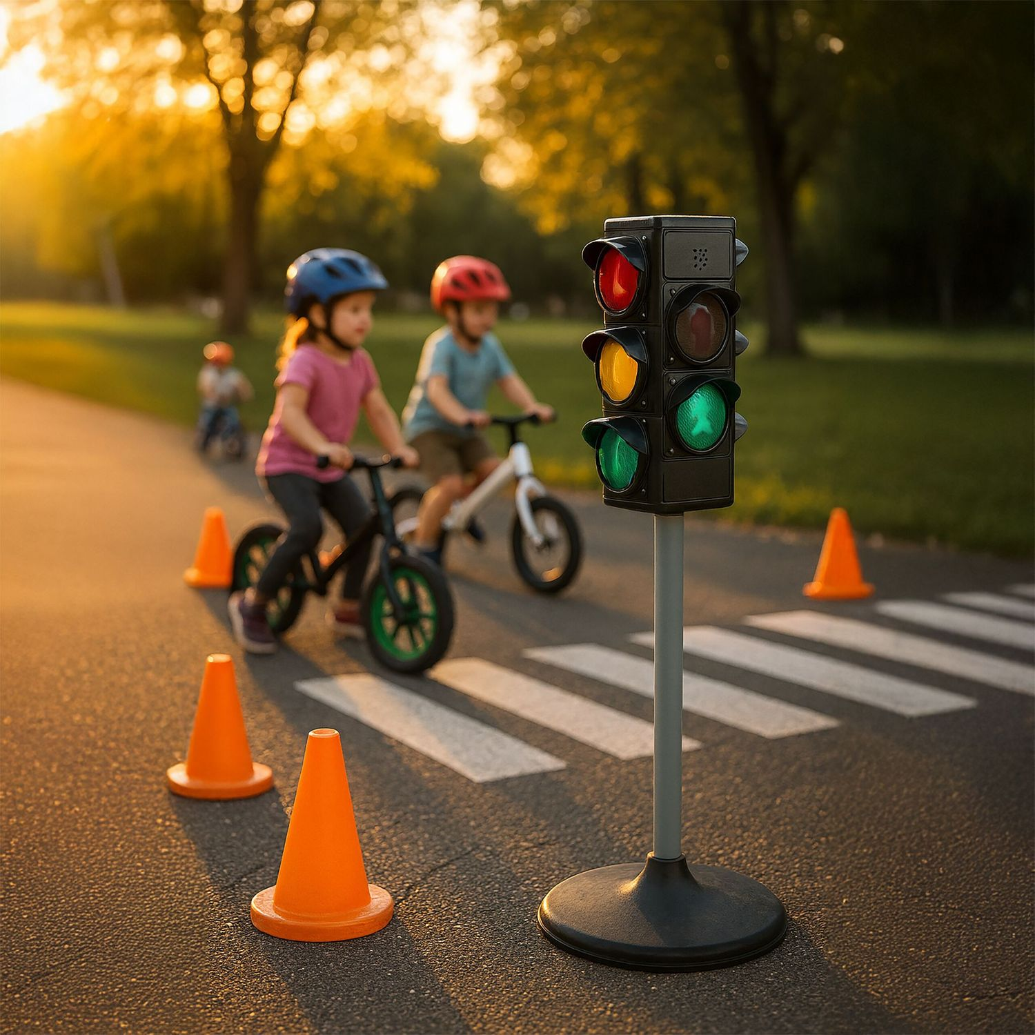 Niños montan en bicicleta en un semáforo con señal verde y conos naranjas.