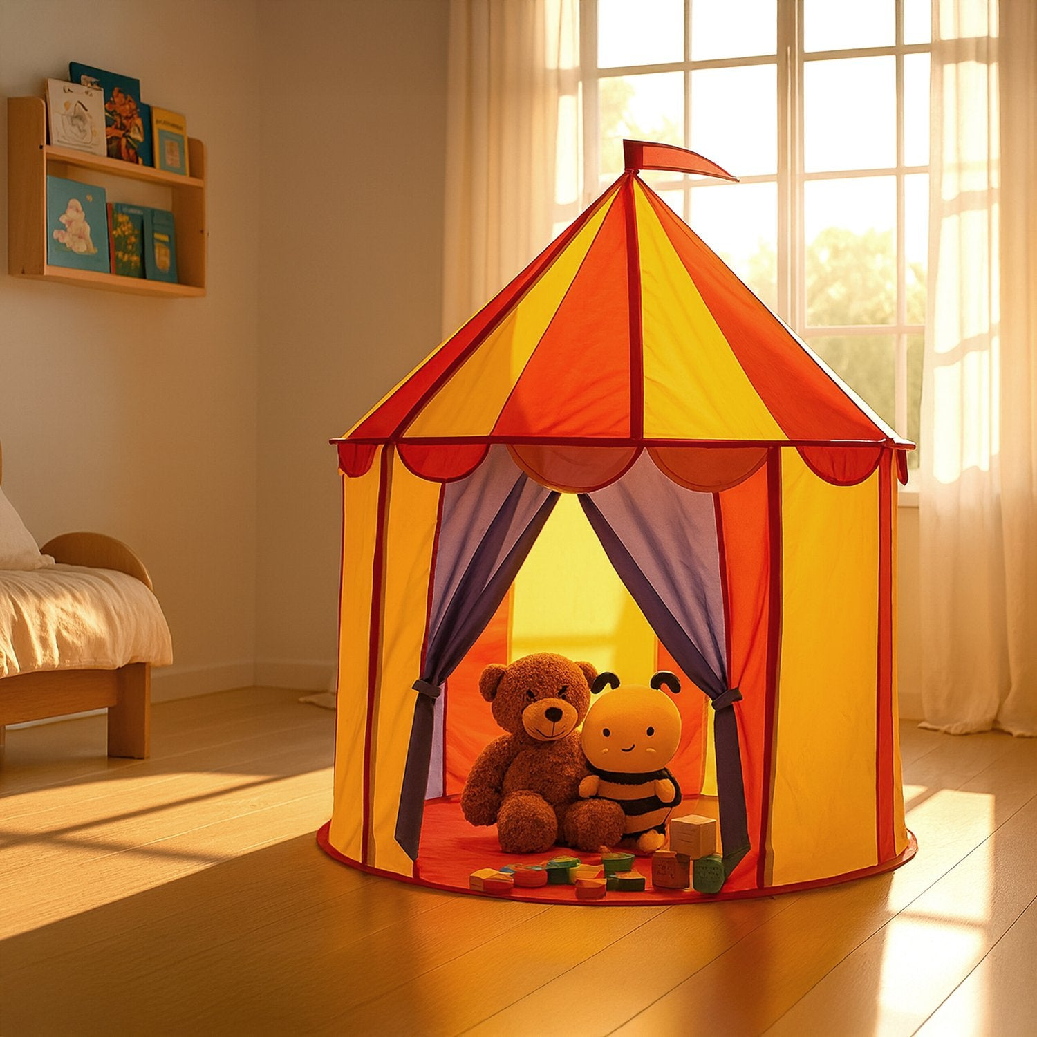 Una carpa de juegos con un osito de peluche y una abeja.