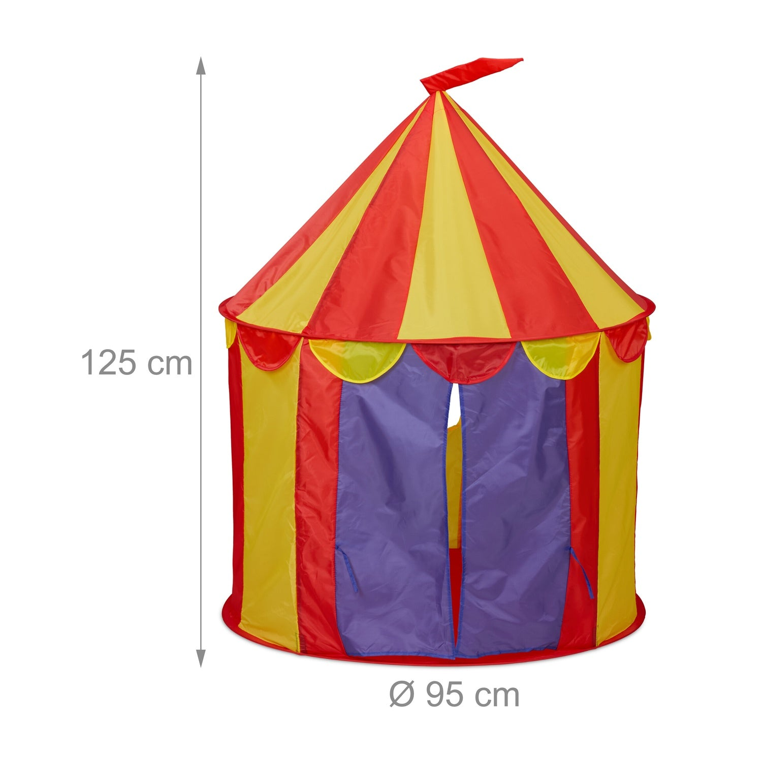 Una carpa de circo colorida con rayas rojas, amarillas y moradas.