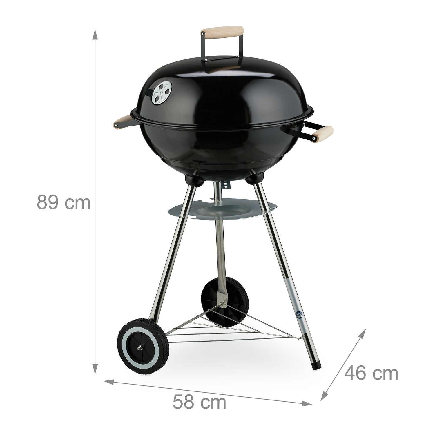 Una parrilla negra tipo caldero con mangos de madera y ruedas.